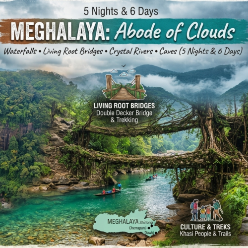 Here is the complete, client-ready brochure and tour overview formatted under RNK Holidays for the Meghalaya Diwali Festive Tour (5 Nights & 6 Days):🪔 Festive Season Meghalaya: Abode of CloudsWaterfalls • Living Root Bridges • Crystal Rivers • Caves (5 Nights & 6 Days)Route: Guwahati → Shillong → Dawki → Mawlynnong → Cherrapunji → Shillong → GuwahatiPickup & Drop: Guwahati (Airport / Railway Station)Celebrate Diwali surrounded by roaring waterfalls, ancient limestone caves, clean village culture, and the crystal-clear waters of the Umngot River in magical Meghalaya!💰 Special Festive Pricing (Per Person Basis)Group SizePackage Cost Per PersonTravel Setup04 Pax₹18,499/- per personDedicated private vehicle for all transfers & sightseeing06 Pax₹17,999/- per personDedicated private vehicle for all transfers & sightseeing10 Pax₹16,499/- per personGroup Tempo Traveller for the entire tour🔥 Limited Period Diwali Offer — Advance booking strongly recommended due to peak festival season.🏨 Stay Breakup (5 Nights & 6 Days)Shillong (Scotland of the East): 2 NightsCherrapunji (Sohra): 2 NightsGuwahati: 1 Night (or 2N as per customized package flow)🗺️ Day-Wise Tour ItineraryDay 1: Guwahati Pickup ➔ Transfer to ShillongWarm welcome upon arrival at Guwahati Airport / Railway Station.Scenic hill drive towards Shillong (approx. 100 km / 3 hrs).En-route: Stop at the picturesque Umiam Lake (Barapani) for photos and water sports (optional).Check into hotel in Shillong; spend the evening exploring Police Bazar and local cafes.Overnight Stay: ShillongDay 2: Shillong ➔ Dawki (Umngot River) ➔ Mawlynnong ➔ CherrapunjiBreakfast at hotel and early check-out.Scenic drive to Dawki to experience boating on the transparent waters of the Umngot River along the Indo-Bangladesh border.Proceed to Mawlynnong, celebrated as "Asia’s Cleanest Village".Walk to the famous Single Living Root Bridge in Riwai village and climb the Bamboo Skywalk.Continue the misty drive up to Cherrapunji (Sohra).Overnight Stay: CherrapunjiDay 3: Cherrapunji Double Excursion DayBreakfast at the hotel/resort.Full day dedicated to exploring the natural wonders of Cherrapunji:Option A (Adventure): Trek down to the world-famous Double Decker Living Root Bridge in Nongriat village.Option B (Scenic Vistas): Visit the roaring Nohkalikai Falls (tallest plunge waterfall in India), Seven Sisters Falls, and Wei Sawdong Falls.Overnight Stay: CherrapunjiDay 4: Cherrapunji Sightseeing ➔ Return Transfer to ShillongBreakfast at the hotel and check out.Explore ancient subterranean limestone formations at Mawsmai Cave and Arwah Cave (rich in marine fossils).Visit Eco Park and Dainthlen Falls.Afternoon drive back to Shillong.Overnight Stay: ShillongDay 5: Shillong Local Sightseeing ➔ Transfer to GuwahatiBreakfast at the hotel and check out.Sightseeing in Shillong: Elephant Falls, Shillong Peak viewpoint, Ward's Lake, and Don Bosco Museum.Afternoon downhill drive back to Guwahati.Check into hotel; enjoy an optional sunset river cruise on the Brahmaputra.Overnight Stay: GuwahatiDay 6: Guwahati Local Sightseeing & Airport DropBreakfast at the hotel and complete check-out.Visit the revered hilltop Maa Kamakhya Temple (Shaktipeeth) and Umananda Island Temple. Timely transfer to Guwahati Airport / Railway Station for your scheduled return flight home!📋 Inclusions & Exclusions✅ Package Inclusions❌ Standard Exclusions• 05 Nights comfortable hotel stays across destinations• Airfare / Train fare to and from Guwahati• Daily delicious breakfast at all hotels• Boating charges at Dawki (Umngot River) & Umiam Lake• Complete transfers & sightseeing as per itinerary• Local guide charges for Double Decker Root Bridge trek• Dedicated private vehicle (Sedan / SUV / Tempo Traveller)• Lunches, dinners, heater charges, and personal tips• Guwahati Airport / Station pickup and drop-off• Monument, cave, and waterfall entry tickets• All toll taxes, fuel, parking, and driver allowances• Anything not specifically mentioned in inclusions