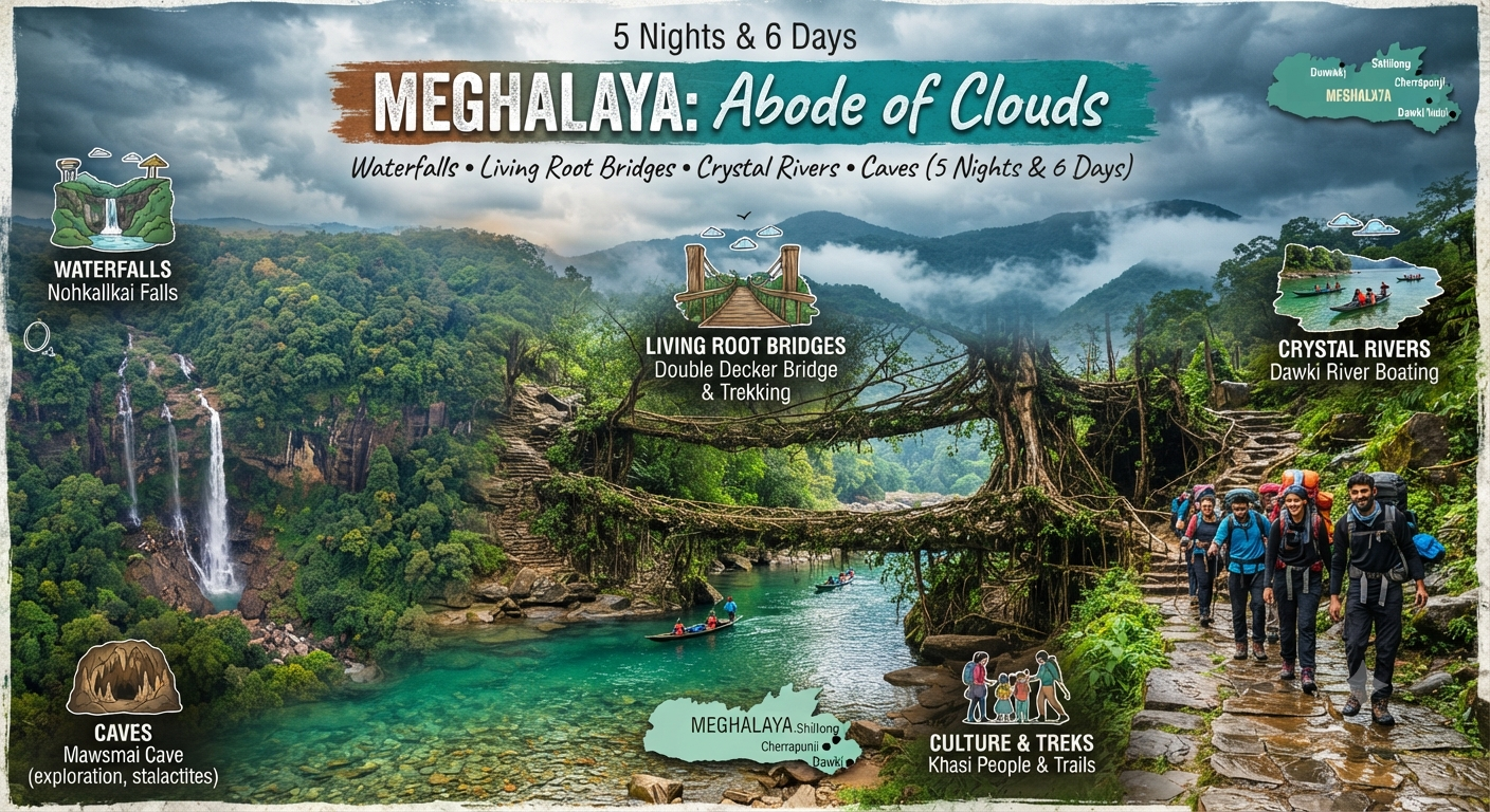 Here is the complete, client-ready brochure and tour overview formatted under RNK Holidays for the Meghalaya Diwali Festive Tour (5 Nights & 6 Days):🪔 Festive Season Meghalaya: Abode of CloudsWaterfalls • Living Root Bridges • Crystal Rivers • Caves (5 Nights & 6 Days)Route: Guwahati → Shillong → Dawki → Mawlynnong → Cherrapunji → Shillong → GuwahatiPickup & Drop: Guwahati (Airport / Railway Station)Celebrate Diwali surrounded by roaring waterfalls, ancient limestone caves, clean village culture, and the crystal-clear waters of the Umngot River in magical Meghalaya!💰 Special Festive Pricing (Per Person Basis)Group SizePackage Cost Per PersonTravel Setup04 Pax₹18,499/- per personDedicated private vehicle for all transfers & sightseeing06 Pax₹17,999/- per personDedicated private vehicle for all transfers & sightseeing10 Pax₹16,499/- per personGroup Tempo Traveller for the entire tour🔥 Limited Period Diwali Offer — Advance booking strongly recommended due to peak festival season.🏨 Stay Breakup (5 Nights & 6 Days)Shillong (Scotland of the East): 2 NightsCherrapunji (Sohra): 2 NightsGuwahati: 1 Night (or 2N as per customized package flow)🗺️ Day-Wise Tour ItineraryDay 1: Guwahati Pickup ➔ Transfer to ShillongWarm welcome upon arrival at Guwahati Airport / Railway Station.Scenic hill drive towards Shillong (approx. 100 km / 3 hrs).En-route: Stop at the picturesque Umiam Lake (Barapani) for photos and water sports (optional).Check into hotel in Shillong; spend the evening exploring Police Bazar and local cafes.Overnight Stay: ShillongDay 2: Shillong ➔ Dawki (Umngot River) ➔ Mawlynnong ➔ CherrapunjiBreakfast at hotel and early check-out.Scenic drive to Dawki to experience boating on the transparent waters of the Umngot River along the Indo-Bangladesh border.Proceed to Mawlynnong, celebrated as "Asia’s Cleanest Village".Walk to the famous Single Living Root Bridge in Riwai village and climb the Bamboo Skywalk.Continue the misty drive up to Cherrapunji (Sohra).Overnight Stay: CherrapunjiDay 3: Cherrapunji Double Excursion DayBreakfast at the hotel/resort.Full day dedicated to exploring the natural wonders of Cherrapunji:Option A (Adventure): Trek down to the world-famous Double Decker Living Root Bridge in Nongriat village.Option B (Scenic Vistas): Visit the roaring Nohkalikai Falls (tallest plunge waterfall in India), Seven Sisters Falls, and Wei Sawdong Falls.Overnight Stay: CherrapunjiDay 4: Cherrapunji Sightseeing ➔ Return Transfer to ShillongBreakfast at the hotel and check out.Explore ancient subterranean limestone formations at Mawsmai Cave and Arwah Cave (rich in marine fossils).Visit Eco Park and Dainthlen Falls.Afternoon drive back to Shillong.Overnight Stay: ShillongDay 5: Shillong Local Sightseeing ➔ Transfer to GuwahatiBreakfast at the hotel and check out.Sightseeing in Shillong: Elephant Falls, Shillong Peak viewpoint, Ward's Lake, and Don Bosco Museum.Afternoon downhill drive back to Guwahati.Check into hotel; enjoy an optional sunset river cruise on the Brahmaputra.Overnight Stay: GuwahatiDay 6: Guwahati Local Sightseeing & Airport DropBreakfast at the hotel and complete check-out.Visit the revered hilltop Maa Kamakhya Temple (Shaktipeeth) and Umananda Island Temple. Timely transfer to Guwahati Airport / Railway Station for your scheduled return flight home!📋 Inclusions & Exclusions✅ Package Inclusions❌ Standard Exclusions• 05 Nights comfortable hotel stays across destinations• Airfare / Train fare to and from Guwahati• Daily delicious breakfast at all hotels• Boating charges at Dawki (Umngot River) & Umiam Lake• Complete transfers & sightseeing as per itinerary• Local guide charges for Double Decker Root Bridge trek• Dedicated private vehicle (Sedan / SUV / Tempo Traveller)• Lunches, dinners, heater charges, and personal tips• Guwahati Airport / Station pickup and drop-off• Monument, cave, and waterfall entry tickets• All toll taxes, fuel, parking, and driver allowances• Anything not specifically mentioned in inclusions