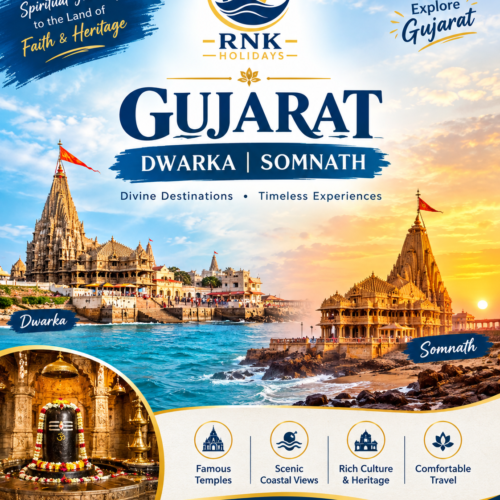 Divine Gujarat: Dwarka & Somnath Pilgrimage TourSpirituality • Coastal Heritage • Sacred Jyotirlingas (3 Nights & 4 Days)Route: 2 Nights Dwarka • 1 Night Somnath | Pickup & Drop: Ahmedabad💰 Package Cost (Per Person Basis)Group Size / PaxVehicle ProvidedRooms IncludedCost Per Person02 PaxAC Sedan1 Double Room₹17,499/-04 PaxAC Sedan2 Double Rooms₹11,499/-06 PaxAC Ertiga3 Double Rooms₹9,999/-08 PaxAC Tempo Traveller4 Double Rooms₹10,999/-10 PaxAC Tempo Traveller5 Double Rooms₹9,999/-12 PaxAC Tempo Traveller6 Double Rooms₹9,499/-Extra Adult / Child with Bed (Above 12 Yrs): ₹3,999/- per personChild with Extra Bed (6–11 Yrs): ₹3,999/-Child Bed Sharing (6–11 Yrs): ₹2,999/-📅 Offer Validity & Blackout DatesValidity: 1st April 2026 to 31st March 2027Blackout Dates (Rates not valid during):6th Nov to 15th Nov 2026 (Diwali festive period)20th Dec 2026 to 5th Jan 2027 (New Year peak)Festive holidays: Janmashtami, Maha Shivratri & Holi🗺️ Day-Wise Pilgrimage ItineraryDay 1: Ahmedabad Arrival to Dwarka (via Jamnagar)Morning arrival pickup from Ahmedabad Airport / Railway Station.Drive to the sacred kingdom of Lord Krishna, Dwarka.Enroute Sightseeing: Jamnagar, Bala Hanuman Temple (famous for non-stop Ram Dhun), and Lakhota Lake.Arrival in Dwarka, hotel check-in with welcome drinks.In the evening, attend the divine Dwarkadhish Temple Evening Aarti.Overnight stay in Dwarka.Day 2: Full-Day Sacred Dwarka & Coastal SightseeingBreakfast at the hotel.Visit the sacred Nageshwar Jyotirlinga, holy Bet Dwarka (island ferry ride), and historic Rukmini Devi Temple.Explore Gomti Ghat, Gopi Talav, and relax by the blue-flag certified Shivrajpur Beach.Return to the hotel for a peaceful overnight stay in Dwarka.Day 3: Dwarka to Somnath (via Porbandar)Breakfast at the hotel, complete check-out.Drive to Somnath along the coastal highway.Enroute Sightseeing: Porbandar (visit Kirti Mandir – birthplace of Mahatma Gandhi) and Madhavpur Beach.Arrival in Somnath, hotel check-in with welcome drinks.Evening darshan at the magnificent Somnath Jyotirlinga Temple Evening Aarti & mesmerizing Light and Sound Show (subject to availability).Overnight stay in Somnath.Day 4: Somnath Sightseeing & Return to AhmedabadBreakfast at the hotel and check-out.Visit Bhalka Tirth (sacred site where Lord Krishna ended his earthly avatar), the holy Triveni Sangam, and Gita Mandir.Drive back to Ahmedabad.Timely evening drop-off at Ahmedabad Railway Station / Airport for your onward journey with divine memories.🏨 Hotels Selected (3-Star Deluxe / 3-Star Luxury)Dwarka (2 Nights): Daksh The Madhuvan Suites Dwarka / The Dwarika Hotel / SimilarSomnath (1 Night): Aditya Mansingh Inn / Hotel Madhukta Inn Somnath / Similar📋 Inclusions & Exclusions✅ Package Inclusions❌ Package Exclusions• 3 Nights stay in 3-Star Deluxe/Luxury Hotels• 5% GST• Double occupancy rooms as per group size• Lunches, dinners & en-route refreshments• Daily delicious breakfast at hotels• Temple VIP passes, guide fees & monument entry tickets• Dedicated private vehicle (Sedan / Ertiga / Tempo Traveller)• Ferry boat tickets to Bet Dwarka & beach activities• Complete pickup and drop from Ahmedabad• Personal expenses (laundry, calls, tips, packaged water)• All toll taxes, interstate permits, parking & driver charges• Any charges due to roadblocks, strikes, or natural delays• Welcome drinks on arrival at hotels• Anything not explicitly mentioned under inclusions📞 Contact & Booking DetailsTour Operator: RNK HOLIDAYS (Your Journey, Our Commitment)Call / WhatsApp: +91 9833069286 / +91 9769490411Email: info.rnkholidays@gmail.comOffice Address: Shop No. 3, Sindhu Garden, Y K Nagar, Ganpati Mandir Road, Virar (West) – 401209, Maharashtra