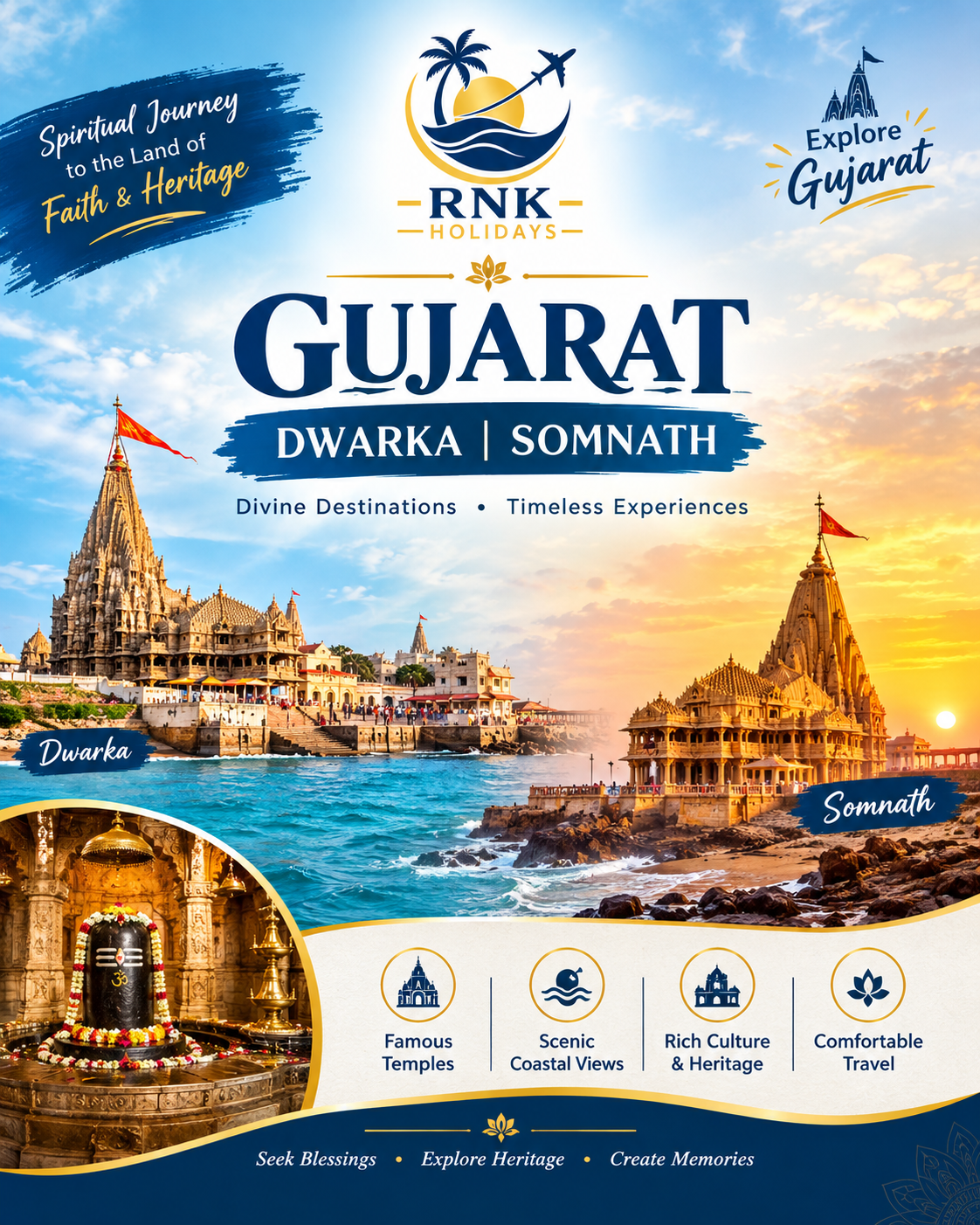 Divine Gujarat: Dwarka & Somnath Pilgrimage TourSpirituality • Coastal Heritage • Sacred Jyotirlingas (3 Nights & 4 Days)Route: 2 Nights Dwarka • 1 Night Somnath | Pickup & Drop: Ahmedabad💰 Package Cost (Per Person Basis)Group Size / PaxVehicle ProvidedRooms IncludedCost Per Person02 PaxAC Sedan1 Double Room₹17,499/-04 PaxAC Sedan2 Double Rooms₹11,499/-06 PaxAC Ertiga3 Double Rooms₹9,999/-08 PaxAC Tempo Traveller4 Double Rooms₹10,999/-10 PaxAC Tempo Traveller5 Double Rooms₹9,999/-12 PaxAC Tempo Traveller6 Double Rooms₹9,499/-Extra Adult / Child with Bed (Above 12 Yrs): ₹3,999/- per personChild with Extra Bed (6–11 Yrs): ₹3,999/-Child Bed Sharing (6–11 Yrs): ₹2,999/-📅 Offer Validity & Blackout DatesValidity: 1st April 2026 to 31st March 2027Blackout Dates (Rates not valid during):6th Nov to 15th Nov 2026 (Diwali festive period)20th Dec 2026 to 5th Jan 2027 (New Year peak)Festive holidays: Janmashtami, Maha Shivratri & Holi🗺️ Day-Wise Pilgrimage ItineraryDay 1: Ahmedabad Arrival to Dwarka (via Jamnagar)Morning arrival pickup from Ahmedabad Airport / Railway Station.Drive to the sacred kingdom of Lord Krishna, Dwarka.Enroute Sightseeing: Jamnagar, Bala Hanuman Temple (famous for non-stop Ram Dhun), and Lakhota Lake.Arrival in Dwarka, hotel check-in with welcome drinks.In the evening, attend the divine Dwarkadhish Temple Evening Aarti.Overnight stay in Dwarka.Day 2: Full-Day Sacred Dwarka & Coastal SightseeingBreakfast at the hotel.Visit the sacred Nageshwar Jyotirlinga, holy Bet Dwarka (island ferry ride), and historic Rukmini Devi Temple.Explore Gomti Ghat, Gopi Talav, and relax by the blue-flag certified Shivrajpur Beach.Return to the hotel for a peaceful overnight stay in Dwarka.Day 3: Dwarka to Somnath (via Porbandar)Breakfast at the hotel, complete check-out.Drive to Somnath along the coastal highway.Enroute Sightseeing: Porbandar (visit Kirti Mandir – birthplace of Mahatma Gandhi) and Madhavpur Beach.Arrival in Somnath, hotel check-in with welcome drinks.Evening darshan at the magnificent Somnath Jyotirlinga Temple Evening Aarti & mesmerizing Light and Sound Show (subject to availability).Overnight stay in Somnath.Day 4: Somnath Sightseeing & Return to AhmedabadBreakfast at the hotel and check-out.Visit Bhalka Tirth (sacred site where Lord Krishna ended his earthly avatar), the holy Triveni Sangam, and Gita Mandir.Drive back to Ahmedabad.Timely evening drop-off at Ahmedabad Railway Station / Airport for your onward journey with divine memories.🏨 Hotels Selected (3-Star Deluxe / 3-Star Luxury)Dwarka (2 Nights): Daksh The Madhuvan Suites Dwarka / The Dwarika Hotel / SimilarSomnath (1 Night): Aditya Mansingh Inn / Hotel Madhukta Inn Somnath / Similar📋 Inclusions & Exclusions✅ Package Inclusions❌ Package Exclusions• 3 Nights stay in 3-Star Deluxe/Luxury Hotels• 5% GST• Double occupancy rooms as per group size• Lunches, dinners & en-route refreshments• Daily delicious breakfast at hotels• Temple VIP passes, guide fees & monument entry tickets• Dedicated private vehicle (Sedan / Ertiga / Tempo Traveller)• Ferry boat tickets to Bet Dwarka & beach activities• Complete pickup and drop from Ahmedabad• Personal expenses (laundry, calls, tips, packaged water)• All toll taxes, interstate permits, parking & driver charges• Any charges due to roadblocks, strikes, or natural delays• Welcome drinks on arrival at hotels• Anything not explicitly mentioned under inclusions📞 Contact & Booking DetailsTour Operator: RNK HOLIDAYS (Your Journey, Our Commitment)Call / WhatsApp: +91 9833069286 / +91 9769490411Email: info.rnkholidays@gmail.comOffice Address: Shop No. 3, Sindhu Garden, Y K Nagar, Ganpati Mandir Road, Virar (West) – 401209, Maharashtra