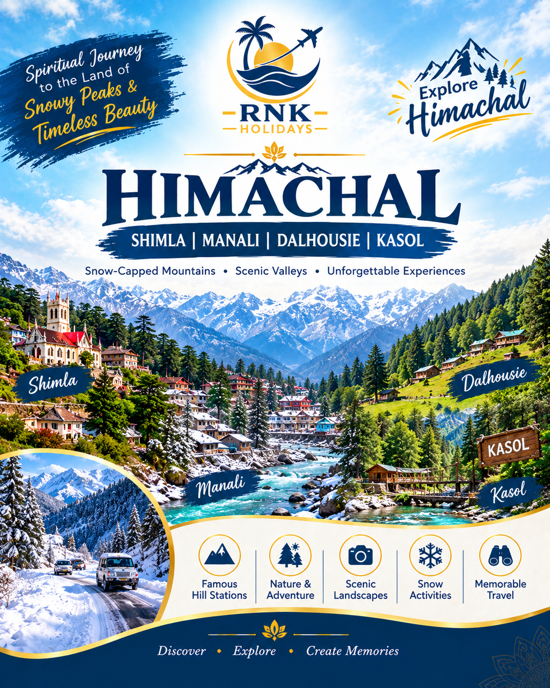 HIMACHAL PRADESH TOUR PACKAGESShimla • Manali • Dharamshala • Spiti Valley • KasauliValidity: 01st August 2026 to 31st March 2027Starting Hub: Ex–Chandigarh📍 PACKAGE UV–01: Classic Shimla & Manali (5N / 6D)Route: 2 Nights Shimla + 3 Nights ManaliPickup & Drop: Chandigarh🗺️ Day-Wise ItineraryDay 1: Chandigarh to Shimla (Approx. 150 km)Pickup from Chandigarh Airport/Railway Station and scenic mountain drive to Shimla, the ‘Queen of Hill Stations’. Check into hotel and relax. Overnight stay in Shimla.Day 2: Full-Day Shimla SightseeingAfter breakfast, visit Tara Devi Temple, Sankat Mochan Temple, Indian Institute of Advanced Study (IIAS), Army Museum, and Jakhoo Temple. In the evening, explore Mall Road, The Ridge, Christ Church, Scandal Point, and Lakkar Bazaar on foot. Overnight stay in Shimla.Day 3: Shimla to Manali (Approx. 280 km)Breakfast at hotel, check out, and scenic valley drive to Manali. Check into your hotel. Evening free at leisure. Overnight stay in Manali.Day 4: Manali Local SightseeingVisit the 450-year-old Hadimba Devi Temple, Manu Temple, Vashisht Temple & Hot Sulphur Springs, Club House, Buddhist Monasteries, and Van Vihar. Evening free to explore Old Manali village, Mall Road, and Tibetan Market. Dinner and overnight stay in Manali.Day 5: Manali – Solang Valley AdventureDrive to Solang Valley (13 km). Enjoy ropeway rides, paragliding, zorbing, and snow activities (at own expense). Dinner and overnight stay in Manali.Day 6: Manali to Chandigarh DropBreakfast, check out from hotel, and scenic drive back to Chandigarh. Drop at Airport / Railway Station.💰 Package Cost (Per Person Basis on MAPAI – Breakfast & Dinner)Group SizeVehicle TypeBasicDeluxePremium02 PaxSwift Dzire (Non-AC in hills)₹26,850₹33,000₹67,80004 PaxInnova Crysta (Non-AC in hills)₹21,900₹27,600₹66,90006 PaxInnova Crysta (Non-AC in hills)₹18,850₹24,700₹62,80008 Pax12-Seater Tempo Traveller₹18,000₹24,000₹61,50010 Pax12-Seater Tempo Traveller₹16,950₹23,100₹59,900Extra PersonN/A₹8,700₹11,600₹20,600🏨 Hotels SelectedShimla (2N):Basic: Snow Lotus Shimla / Royal Regency / SimilarDeluxe: Snow Valley Resort Shimla / Zeon / SimilarPremium: The Oberoi Cecil / Radisson Hotel Jass / SimilarManali (3N):Basic: Vivaan Sunrise Resort / Honeymoon Inn / SimilarDeluxe: Snow Valley Resort Manali / Hill Country Resort Manali Inn / SimilarPremium: Welcomhotel by ITC Hotels Manali / Larisa / The Orchid Hotel / Similar📍 PACKAGE UV–02: Grand Himachal & Golden Temple (7N / 8D)Route: 2N Shimla + 2N Manali + 2N Dharamshala + 1N AmritsarPickup: Chandigarh | Drop: Amritsar🗺️ Day-Wise ItineraryDay 1: Chandigarh to Shimla (Approx. 150 km)Arrival at Chandigarh, transfer to Shimla. Check in and rest. Overnight stay in Shimla.Day 2: Shimla Local SightseeingTara Devi Temple, Sankat Mochan, IIAS, Army Museum, Jakhoo Temple. Evening walking tour of Mall Road, Ridge, and Christ Church. Overnight in Shimla.Day 3: Shimla to Manali (Approx. 280 km)Drive to Manali via Kullu Valley. Check in and evening at leisure. Overnight in Manali.Day 4: Manali Local SightseeingHadimba Devi Temple, Manu Temple, Vashisht Hot Springs, Club House, Tibetan Monasteries, and Mall Road. Overnight in Manali.Day 5: Manali to Dharamshala (Approx. 234 km / ~8 hrs)Scenic drive crossing Mandi and Palampur to reach Dharamshala. Check in and overnight stay.Day 6: Dharamshala Local SightseeingVisit the world-famous HPCA Cricket Stadium, McLeod Ganj, Dalai Lama Temple area, and local Tibetan markets. Dinner and overnight stay in Dharamshala.Day 7: Dharamshala to Amritsar (Approx. 205 km)After breakfast, drive down to Amritsar. Check into hotel. Evening visit to the golden glow of the Golden Temple and Wagah Border (if time permits). Overnight in Amritsar.Day 8: Amritsar DepartureBreakfast, hotel check-out, and drop at Amritsar Airport / Railway Station.💰 Package Cost (Per Person Basis on MAPAI – Breakfast & Dinner)Group SizeVehicle TypeBasicDeluxePremium02 PaxSwift Dzire (Non-AC in hills)₹32,900₹43,800₹85,90004 PaxInnova Crysta (Non-AC in hills)₹29,900₹40,700₹82,10006 PaxInnova Crysta (Non-AC in hills)₹26,100₹36,500₹78,20008 Pax12-Seater Tempo Traveller₹24,800₹35,300₹75,80010 Pax12-Seater Tempo Traveller₹23,500₹33,900₹74,900Extra PersonN/A₹12,100₹18,200₹31,500🏨 Hotels SelectedShimla (2N): Snow Lotus / Snow Valley / Oberoi Cecil / SimilarManali (2N): Vivaan Sunrise / Snow Valley Resort / Welcomhotel by ITC / SimilarDharamshala (2N):Basic: Seven Seas Dharamshala / Hotel Triund Heights / SimilarDeluxe: Indraprastha Dharamshala / D Polo Club & Spa / SimilarPremium: juSTa Birding Dharamshala / Radisson Blu / SimilarAmritsar (1N):Basic: A.K. Continental / Pax Mustard Inn / SimilarDeluxe: Bluesalzz Amritsar / Amritara Sadka / SimilarPremium: Bluesalzz Amritsar / Amritara Sadka / Similar📍 PACKAGE UV–03: Spiti Valley & Chandratal Expedition (7N / 8D)Route: 2N Shimla + 1N Kalpa + 2N Kaza + 1N Chandratal Camp + 1N ManaliPickup & Drop: Chandigarh🗺️ Day-Wise ItineraryDay 1: Chandigarh to Shimla (Approx. 120 km)Drive to Shimla via pine forests. Evening stroll on Mall Road, The Ridge, and Christ Church. Overnight in Shimla.Day 2: Shimla & Kufri ExcursionFull-day tour to Kufri for panoramic Himalayan viewpoints and adventure sports, followed by Jakhoo Temple and Scandal Point. Overnight in Shimla.Day 3: Shimla to Kalpa (Kinnaur Valley) (Approx. 230 km)Drive along the roaring Sutlej River through Narkanda, Rampur, and Reckong Peo. Check in and witness sunset over the sacred Kinner Kailash Range. Overnight in Kalpa.Day 4: Kalpa to Kaza (Spiti Valley) (Approx. 220 km)Drive into the cold desert landscape passing Nako, Gue (ancient mummy village), Tabo Monastery, and Dhankar Monastery. Arrive in Kaza. Overnight stay in Kaza.Day 5: Kaza Highest Villages CircuitExplore Key Monastery, Kibber Village, Chicham Bridge (Asia's highest suspension bridge), Langza (giant Buddha statue & fossils), Hikkim (world's highest post office), and Komic. Overnight in Kaza.Day 6: Kaza to Chandratal Lake via Kunzum Pass (Approx. 100 km)Cross Kunzum Pass to reach the crescent-shaped sacred Chandratal Lake. Camp under starry skies in Swiss Camps. Overnight at Chandratal Campsite.Day 7: Chandratal to Manali via Atal Tunnel (Approx. 130 km)Drive via Batal, Gramphu, and cross the engineering marvel Atal Tunnel into Solang Valley and Manali. Overnight in Manali.Day 8: Manali to Chandigarh Drop (Approx. 310 km)Drive back to Chandigarh and drop at Airport / Railway Station.💰 Package Cost (Total Group Cost on MAPAI – Breakfast & Dinner)Group SizeVehicle TypeBasicDeluxePremium02 PaxSwift Dzire (Non-AC in hills)₹30,265₹35,875₹45,42504 PaxInnova Crysta (Non-AC in hills)₹55,705₹66,525₹1,03,12506 PaxInnova Crysta (Non-AC in hills)₹79,145₹95,175₹1,23,82508 Pax12-Seater Tempo Traveller₹1,05,260₹1,26,600₹1,63,30010 Pax12-Seater Tempo Traveller₹1,28,700₹1,55,250₹2,01,000Extra PersonN/A₹9,000₹10,000₹13,000🏨 Hotels & Camps SelectedShimla (2N): Shiwalik Regency / Snow Lotus / Kufri Pacific / SimilarKalpa (1N): Hotel Rollingrang / Kalpa Retreat / The White Castle / SimilarKaza (2N): Spiti Heritage / Eskape Inn / Echor Mud Huts / SimilarChandratal (1N): Tenzin Camp / Samsong Camp / Parasol Camps / Similar (Swiss tents)Manali (1N): Swiss Wood Hotel / Vivaan Sunrise Resort / The Whitestone Resorts / Similar📍 PACKAGE UV–04: Serene Kasauli & Shimla Hills (4N / 5D)Route: 2 Nights Kasauli + 2 Nights ShimlaPickup & Drop: Chandigarh🗺️ Day-Wise ItineraryDay 1: Chandigarh to Kasauli (Approx. 65 km)Pickup from Chandigarh and short drive up to peaceful Kasauli. Check into hotel. Evening at leisure. Overnight in Kasauli.Day 2: Kasauli SightseeingExplore Christ Church, Monkey Point (Manki Point), Sunset Point, Gilbert Nature Trail, Lower Mall, and Upper Mall Road. Overnight in Kasauli.Day 3: Kasauli to Shimla (Approx. 69 km)Drive to Shimla. Visit Tara Devi Temple, Sankat Mochan, IIAS, and Army Museum. Evening walk on Ridge and Mall Road. Overnight in Shimla.Day 4: Shimla Local Sightseeing & LeisureVisit Jakhoo Hill & Temple, Kali Bari Temple, Lakkar Bazaar, and enjoy shopping/dining along Mall Road. Overnight in Shimla.Day 5: Shimla to Chandigarh Drop (Approx. 120 km)Breakfast, check out, and transfer back to Chandigarh Airport / Railway Station.💰 Package Cost (Per Person Basis on MAPAI – Breakfast & Dinner)Group SizeVehicle TypeBasicDeluxePremium02 PaxSwift Dzire (Non-AC in hills)₹22,650₹25,000₹53,75004 PaxInnova Crysta (Non-AC in hills)₹18,150₹20,450₹49,15006 PaxInnova Crysta (Non-AC in hills)₹15,700₹18,050₹46,75008 Pax12-Seater Tempo Traveller₹15,150₹17,550₹46,25010 Pax12-Seater Tempo Traveller₹14,300₹16,700₹45,400Extra PersonN/A₹8,400₹9,000₹21,000🏨 Hotels SelectedKasauli (2N): Fern Surya / Best Western Kasauli / Kasauli Vista Royal / SimilarShimla (2N): Snow Lotus / Snow Valley Resort / Taj Theog or Radisson Jass / Similar📋 Inclusions & Exclusions (Applicable to All Packages)✅ Package Inclusions❌ Package Exclusions• Accommodation on Twin/Double Sharing basis• Airfare / Train fare to and from Chandigarh• Meal Plan: MAPAI (Daily Breakfast & Dinner at hotels)• Room heater charges (payable as per hotel policy)• Dedicated private Non-AC vehicle on hill roads• Adventure activities (paragliding, rafting, ropeway, zorbing)• All toll taxes, state road taxes, parking fees & driver bata• Monument, temple, museum entry tickets & guide charges• All current permit fees & hotel taxes• Shimla/Manali restricted Mall Road local union taxi drops• GST Included• Personal expenses (laundry, calls, drinks, tips)• Delays/costs due to roadblocks, landslides, or weather💳 Booking & Cancellation PolicyPayment Terms: 50% Advance at the time of booking confirmation; 50% balance 20 days prior to check-in.Cancellation Terms:30+ days prior to check-in: 100% Refund (bank/transaction charges apply)15 to 29 days prior: 50% refund of total booking amountLess than 15 days: No refund📞 Contact & Reservation DetailsTour Operator: RNK HOLIDAYS (Your Journey, Our Commitment)Call / WhatsApp: +91 9833069286 / +91 9769490411Email: info.rnkholidays@gmail.comOffice Address: Shop No. 3, Sindhu Garden, Y K Nagar, Ganpati Mandir Road, Virar (West) – 401209, Maharashtra