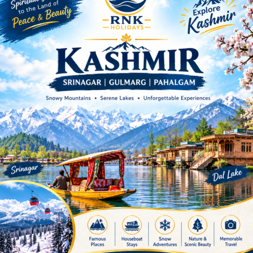 Here is the complete, client-ready brochure and tour overview formatted under RNK Holidays for the Kashmir Paradise (5 Nights & 6 Days) package:🏔️ Paradise on Earth: Kashmir Tour PackageSnow Peaks • Mughal Gardens • Valleys & Dal Lake Houseboat (5 Nights & 6 Days) Destinations Covered: Srinagar (3N) • Pahalgam (1N) • Super Deluxe Houseboat (1N) • Sonmarg & Gulmarg Excursions 🌟 Package Overview & Total PricingExperience the charm of Dal Lake, snow-capped alpine meadows in Gulmarg and Sonmarg, the gushing Lidder River in Pahalgam, and an authentic stay in a traditional Kashmiri houseboat. Group Size / PaxVehicle ProvidedTotal Package PriceCost Per Person2 Adults Private AC Sedan Car ₹35,500/- (Total) ₹17,750/- per person4 Adults Private AC Ertiga Car ₹55,000/- (Total) ₹13,750/- per person6 Adults Private AC Innova Car ₹75,000/- (Total) ₹12,500/- per personMeal Plan: Daily Breakfast & Dinner (MAP Plan) Special In-person Welcome: Traditional Kashmiri Kehwa drink on arrival Validity: Valid from 1st October 2026 to 31st March 2027 Blackout Dates: 5th Nov to 20th Nov 2026 & 20th Dec 2026 to 5th Jan 2027 🏨 3-Star Hotel & Houseboat AccommodationsSrinagar (3 Nights): Hotel Sideeq Palace / Similar (3-Star Property) Pahalgam (1 Night): Hotel Pine Vibe Resort Srinagar Dal Lake / Nigeen Lake (1 Night): Super Deluxe Houseboat 🗺️ Day-Wise Tour ItineraryDay 1: Srinagar Arrival & Famous Mughal Gardens Tour Warm welcome upon arrival at Srinagar Airport followed by private transfer to your hotel. Enjoy a hot, traditional Kashmiri Kehwa welcome drink and check in. Afternoon sightseeing covering Srinagar’s iconic attractions:World-famous Mughal Gardens: Nishat Bagh, Shalimar Bagh, and Cheshma Shahi Tulip Garden / Badamwari Bagh (seasonal) Sacred Hazratbal Shrine along Dal Lake and the historic hilltop Shankaracharya Temple Return to the hotel for a delicious dinner and overnight stay in Srinagar. Day 2: Full-Day Excursion to Sonmarg (The Meadow of Gold) Breakfast at the hotel. Around 9:00 AM, embark on a scenic 3-hour drive past the Sindh River to Sonmarg (8,950 ft). Surrounded by alpine pine forests and snow-capped peaks, enjoy the breathtaking valley. Optional: Take a pony ride to the year-round snowy Thajiwas Glacier (direct payment). Return to Srinagar in the evening for dinner and overnight stay. Day 3: Day Trip to Gulmarg (Meadow of Flowers & Gondola Ride) Enjoy a hearty breakfast at the hotel. Drive to Gulmarg (approx. 2 hours), celebrated for its lush pine valleys and snowy peaks. Experience the world’s second-highest cable car ride, the Gulmarg Gondola:Phase 1 (Kongdoori) & Phase 2 (Apharwat Peak at ~14,000 ft) Optional activities: snow sledging, skiing, or pony rides (subject to season/snow availability). Drive back to Srinagar for dinner and overnight stay. Day 4: Srinagar ➔ Pahalgam (The Valley of Shepherds) Breakfast at the hotel and check out. Drive along the saffron fields of Pampore to the valley of Pahalgam along the Lidder River. Check into Hotel Pine Vibe Resort. Spend the day exploring local riverside spots, pine trails, and the local market. Dinner and cozy overnight stay in Pahalgam. Day 5: Pahalgam Valleys Sightseeing ➔ Srinagar Houseboat Stay Breakfast at the resort. Morning excursion to Pahalgam’s valleys: Betaab Valley, Aru Valley, and Chandanwari (via local union cab, direct payment). Afternoon drive back to Srinagar and check into a romantic Super Deluxe Houseboat on the lake. Experience the tranquil waters, scenic sunset, and cozy Kashmiri hospitality. Authentic dinner and overnight stay in the Houseboat. Day 6: Srinagar Departure Breakfast on the houseboat and complete check-out formalities. Timely transfer to Srinagar International Airport for your return flight home carrying unforgettable memories of Kashmir! 📋 Inclusions & Exclusions✅ Package Inclusions JPG❌ Standard Exclusions• 05 Nights stay (3N Srinagar + 1N Pahalgam + 1N Houseboat) • Airfare to and from Srinagar• Traditional Kashmiri Kehwa welcome drink on arrival • Gulmarg Gondola tickets (Phase 1 & 2)• Daily Breakfast & Dinner included • Local union vehicles for Aru/Betaab Valley & Chandanwari• 06 Days private transport during tour & sightseeing • Pony/horse rides, ATV rides, and sledge hire• Dedicated vehicle: Sedan (2 Pax), Ertiga (4 Pax), Innova (6 Pax) • Shikara ride on Dal Lake (unless added)• Airport pickup and airport drop transfers • Garden entry tickets & monument camera permits• Driver's allowance, fuel charges, tolls & parking fees • Lunches, laundry, heater charges, and personal tips• All applicable hotel taxes • Anything not explicitly listed under inclusions • 24-Hour Helpline & On-trip Assistance 📞 Contact & Reservation DetailsTour Operator: RNK HOLIDAYS (Your Journey, Our Commitment)Call / WhatsApp: +91 9833069286 / +91 9769490411Email: info.rnkholidays@gmail.comOffice Address: Shop No. 3, Sindhu Garden, Y K Nagar, Ganpati Mandir Road, Virar (West) – 401209, Maharashtra