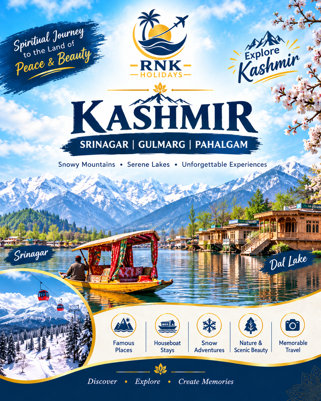 Here is the complete, client-ready brochure and tour overview formatted under RNK Holidays for the Kashmir Paradise (5 Nights & 6 Days) package:🏔️ Paradise on Earth: Kashmir Tour PackageSnow Peaks • Mughal Gardens • Valleys & Dal Lake Houseboat (5 Nights & 6 Days) Destinations Covered: Srinagar (3N) • Pahalgam (1N) • Super Deluxe Houseboat (1N) • Sonmarg & Gulmarg Excursions 🌟 Package Overview & Total PricingExperience the charm of Dal Lake, snow-capped alpine meadows in Gulmarg and Sonmarg, the gushing Lidder River in Pahalgam, and an authentic stay in a traditional Kashmiri houseboat. Group Size / PaxVehicle ProvidedTotal Package PriceCost Per Person2 Adults Private AC Sedan Car ₹35,500/- (Total) ₹17,750/- per person4 Adults Private AC Ertiga Car ₹55,000/- (Total) ₹13,750/- per person6 Adults Private AC Innova Car ₹75,000/- (Total) ₹12,500/- per personMeal Plan: Daily Breakfast & Dinner (MAP Plan) Special In-person Welcome: Traditional Kashmiri Kehwa drink on arrival Validity: Valid from 1st October 2026 to 31st March 2027 Blackout Dates: 5th Nov to 20th Nov 2026 & 20th Dec 2026 to 5th Jan 2027 🏨 3-Star Hotel & Houseboat AccommodationsSrinagar (3 Nights): Hotel Sideeq Palace / Similar (3-Star Property) Pahalgam (1 Night): Hotel Pine Vibe Resort Srinagar Dal Lake / Nigeen Lake (1 Night): Super Deluxe Houseboat 🗺️ Day-Wise Tour ItineraryDay 1: Srinagar Arrival & Famous Mughal Gardens Tour Warm welcome upon arrival at Srinagar Airport followed by private transfer to your hotel. Enjoy a hot, traditional Kashmiri Kehwa welcome drink and check in. Afternoon sightseeing covering Srinagar’s iconic attractions:World-famous Mughal Gardens: Nishat Bagh, Shalimar Bagh, and Cheshma Shahi Tulip Garden / Badamwari Bagh (seasonal) Sacred Hazratbal Shrine along Dal Lake and the historic hilltop Shankaracharya Temple Return to the hotel for a delicious dinner and overnight stay in Srinagar. Day 2: Full-Day Excursion to Sonmarg (The Meadow of Gold) Breakfast at the hotel. Around 9:00 AM, embark on a scenic 3-hour drive past the Sindh River to Sonmarg (8,950 ft). Surrounded by alpine pine forests and snow-capped peaks, enjoy the breathtaking valley. Optional: Take a pony ride to the year-round snowy Thajiwas Glacier (direct payment). Return to Srinagar in the evening for dinner and overnight stay. Day 3: Day Trip to Gulmarg (Meadow of Flowers & Gondola Ride) Enjoy a hearty breakfast at the hotel. Drive to Gulmarg (approx. 2 hours), celebrated for its lush pine valleys and snowy peaks. Experience the world’s second-highest cable car ride, the Gulmarg Gondola:Phase 1 (Kongdoori) & Phase 2 (Apharwat Peak at ~14,000 ft) Optional activities: snow sledging, skiing, or pony rides (subject to season/snow availability). Drive back to Srinagar for dinner and overnight stay. Day 4: Srinagar ➔ Pahalgam (The Valley of Shepherds) Breakfast at the hotel and check out. Drive along the saffron fields of Pampore to the valley of Pahalgam along the Lidder River. Check into Hotel Pine Vibe Resort. Spend the day exploring local riverside spots, pine trails, and the local market. Dinner and cozy overnight stay in Pahalgam. Day 5: Pahalgam Valleys Sightseeing ➔ Srinagar Houseboat Stay Breakfast at the resort. Morning excursion to Pahalgam’s valleys: Betaab Valley, Aru Valley, and Chandanwari (via local union cab, direct payment). Afternoon drive back to Srinagar and check into a romantic Super Deluxe Houseboat on the lake. Experience the tranquil waters, scenic sunset, and cozy Kashmiri hospitality. Authentic dinner and overnight stay in the Houseboat. Day 6: Srinagar Departure Breakfast on the houseboat and complete check-out formalities. Timely transfer to Srinagar International Airport for your return flight home carrying unforgettable memories of Kashmir! 📋 Inclusions & Exclusions✅ Package Inclusions JPG❌ Standard Exclusions• 05 Nights stay (3N Srinagar + 1N Pahalgam + 1N Houseboat) • Airfare to and from Srinagar• Traditional Kashmiri Kehwa welcome drink on arrival • Gulmarg Gondola tickets (Phase 1 & 2)• Daily Breakfast & Dinner included • Local union vehicles for Aru/Betaab Valley & Chandanwari• 06 Days private transport during tour & sightseeing • Pony/horse rides, ATV rides, and sledge hire• Dedicated vehicle: Sedan (2 Pax), Ertiga (4 Pax), Innova (6 Pax) • Shikara ride on Dal Lake (unless added)• Airport pickup and airport drop transfers • Garden entry tickets & monument camera permits• Driver's allowance, fuel charges, tolls & parking fees • Lunches, laundry, heater charges, and personal tips• All applicable hotel taxes • Anything not explicitly listed under inclusions • 24-Hour Helpline & On-trip Assistance 📞 Contact & Reservation DetailsTour Operator: RNK HOLIDAYS (Your Journey, Our Commitment)Call / WhatsApp: +91 9833069286 / +91 9769490411Email: info.rnkholidays@gmail.comOffice Address: Shop No. 3, Sindhu Garden, Y K Nagar, Ganpati Mandir Road, Virar (West) – 401209, Maharashtra