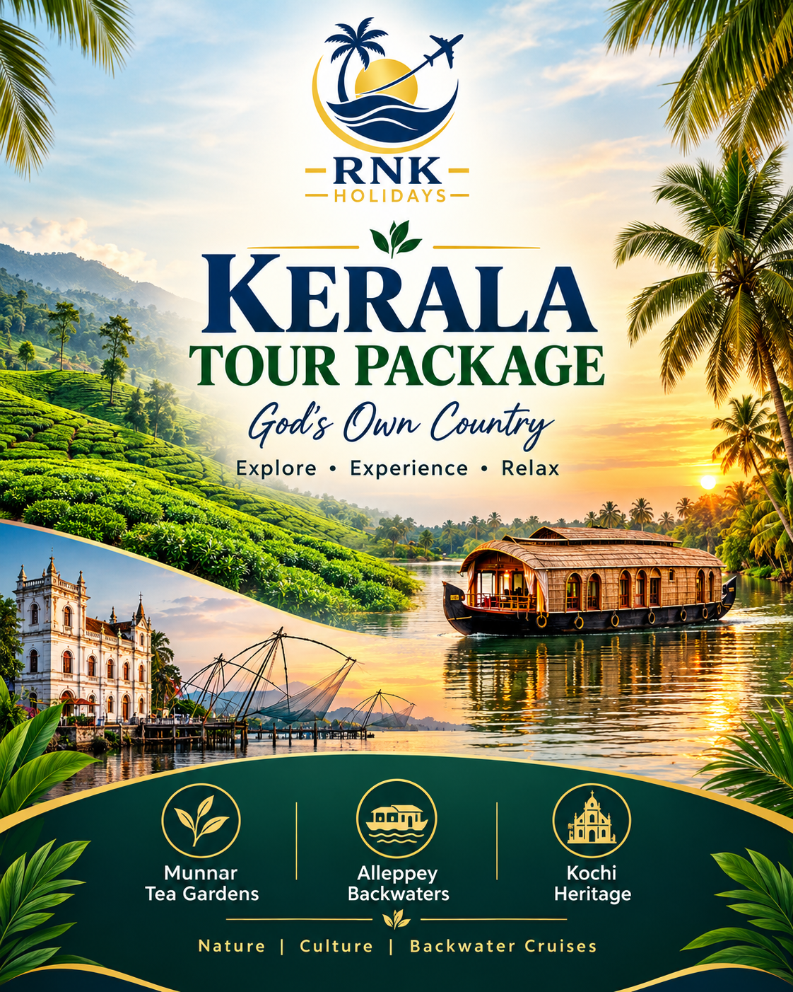🌴 KERALA TOUR PACKAGES (01 to 10)God’s Own Country — Hills, Backwaters, Wildlife & Beaches📍 PACKAGE I: Cochin & Munnar Escape (3N / 4D)Route: Cochin (1N) – Munnar (2N) | Pickup & Drop: Cochin🗺️ Day-Wise ItineraryDay 01: Arrival in Cochin & Local Heritage SightseeingArrive at Cochin, transfer to hotel, and relax. Around 3:00 PM, visit the Dutch Palace, Jewish Synagogue, Chinese Fishing Nets, St. Francis Church, and Marine Drive. Overnight in Cochin. (Sightseeing applicable for morning arrivals).Day 02: Cochin to Munnar (150 km / ~4 hrs)Breakfast at hotel, then embark on a scenic drive to the rolling tea hills of Munnar. Check in and unwind at leisure. Overnight in Munnar.Day 03: Full-Day Munnar SightseeingVisit Mattupetty Dam, Echo Point, Tea Plantations, Rajamalai, and Eravikulam National Park (home to the Nilgiri Tahr). Overnight in Munnar.Day 04: Munnar to Cochin Departure (150 km / ~4 hrs)Breakfast, check out, and drive back to Cochin for your onward journey.💰 Pricing & Accommodation (Double Occupancy / 2 Pax)Category2 Pax BaseExtra AdultChild (With Bed)Child (No Bed)Dinner Supp. (p.p.)Economy₹9,750₹3,750₹3,500₹3,000₹2,500Standard₹11,750₹4,000₹3,750₹3,250₹2,750Deluxe₹13,750₹4,750₹4,500₹4,000₹3,000Best Combo₹15,750₹5,000₹4,750₹4,250₹3,250Premium₹17,750₹5,750₹5,500₹5,000₹3,500Luxury₹22,750₹7,250₹6,750₹5,500₹4,000Houseboat Upgrade (instead of Cochin hotel - AP Plan): Economy: ₹7,000 | Standard: ₹6,750 | Deluxe: ₹6,500 | Best Combo: ₹6,250 | Premium: ₹6,000 | Luxury: ₹5,000. (Premium 24-hr AC supplement: ₹2,000/couple).Transport Cost (Blocked for 550 km, 8 AM–8 PM):AC Sedan: ₹12,500 | AC Innova: ₹16,000 | Innova Crysta: ₹19,500 | 12-Seater TT: ₹21,000 | 17-Seater TT: ₹23,000.(Transport supplement if Houseboat opted instead of Cochin: Sedan +₹1,500 | Innova +₹2,000 | Crysta +₹2,500 | 12-TT +₹2,650 | 17-TT +₹3,250).📍 PACKAGE II: Munnar Hills & Backwaters (3N / 4D)Route: Munnar (2N) – Alleppey / Kumarakom (1N) | Pickup & Drop: Cochin🗺️ Day-Wise ItineraryDay 01: Cochin to Munnar (150 km / ~4 hrs)Meet upon arrival in Cochin and transfer directly to Munnar. Check-in, relax, and enjoy leisure time. Overnight in Munnar.Day 02: Munnar SightseeingFull-day sightseeing covering Mattupetty Dam, Echo Point, Tea Gardens, and Eravikulam National Park (Rajamalai). Overnight in Munnar.Day 03: Munnar to Alleppey / Kumarakom (160 km / ~4 hrs)Breakfast, check-out, and drive down to the backwaters. Check in to your backwater resort. In the evening, enjoy a peaceful backwater cruise/ride (own cost). Overnight in Alleppey/Kumarakom.Day 04: Alleppey/Kumarakom to Cochin Departure (100 km / ~2 hrs)Breakfast, check-out, and transfer to Cochin Airport / Railway Station.💰 Pricing & Accommodation (Double Occupancy / 2 Pax)Category2 Pax BaseExtra AdultChild (With Bed)Child (No Bed)Dinner Supp. (p.p.)Economy₹10,750₹4,250₹4,000₹3,750₹2,500Standard₹12,750₹4,500₹4,250₹4,000₹2,750Deluxe₹13,750₹5,000₹4,750₹4,500₹3,000Best Combo₹15,750₹5,500₹5,250₹4,750₹3,250Premium₹19,750₹8,000₹7,500₹6,000₹3,750Luxury₹21,750₹8,250₹7,750₹6,500₹4,000Houseboat Upgrade (instead of resort - AP Plan): Economy: ₹7,000 | Standard: ₹6,750 | Deluxe: ₹6,500 | Best Combo: ₹6,250 | Premium: ₹6,000 | Luxury: ₹5,000.Transport Cost (Blocked for 600 km, 8 AM–8 PM):AC Sedan: ₹13,750 | AC Innova: ₹17,000 | Innova Crysta: ₹21,000 | 12-Seater TT: ₹23,000 | 17-Seater TT: ₹25,000.📍 PACKAGE III: Heritage, Backwaters & Beach (3N / 4D)Route: Cochin (1N) – Alleppey / Kumarakom (1N) – Cherai / Marari Beach (1N) | Pickup & Drop: Cochin🗺️ Day-Wise ItineraryDay 01: Arrival at Cochin & City SightsCheck in, rest, and at 3 PM explore Dutch Palace, Jewish Synagogue, Chinese Fishing Nets, and Marine Drive. Overnight in Cochin.Day 02: Cochin to Alleppey / Kumarakom (100 km / ~2 hrs)Drive to the backwater paradise. Check into the resort and experience a tranquil evening backwater boat ride (own cost). Overnight in Alleppey/Kumarakom.Day 03: Alleppey to Marari / Cherai Beach (50 km / ~1 hr)Short morning drive to the golden shores of Marari or Cherai. Spend the evening relaxing on the beach. Overnight at Beach Resort.Day 04: Beach to Cochin Departure (100 km / ~2 hrs)Breakfast, check-out, and transfer to Cochin for departure.💰 Pricing & Accommodation (Double Occupancy / 2 Pax)Category2 Pax BaseExtra AdultChild (With Bed)Child (No Bed)Dinner Supp. (p.p.)Economy₹11,750₹4,250₹4,000₹3,750₹2,500Standard₹12,750₹4,750₹4,500₹4,000₹2,750Deluxe₹15,750₹5,750₹5,500₹5,000₹3,000Best Combo₹17,750₹6,000₹5,500₹5,250₹3,250Premium₹19,750₹6,500₹6,000₹5,500₹4,000Luxury₹23,750₹6,500₹6,000₹5,500₹4,250Houseboat Upgrade (instead of resort): Economy: ₹7,000 | Standard: ₹6,750 | Deluxe: ₹6,500 | Best Combo: ₹6,250 | Premium: ₹6,000 | Luxury: ₹5,000.Transport Cost (Blocked for 550 km, 8 AM–8 PM):AC Sedan: ₹12,500 | AC Innova: ₹16,000 | Innova Crysta: ₹19,500 | 12-Seater TT: ₹21,000 | 17-Seater TT: ₹23,000.📍 PACKAGE IV: City & Backwater Leisure (3N / 4D)Route: Cochin (1N) – Alleppey / Kumarakom (2N) | Pickup & Drop: Cochin🗺️ Day-Wise ItineraryDay 01: Arrival in Cochin & Local Heritage TourCheck in, rest, and visit Mattancherry, Jew Town, Chinese Nets, and Marine Drive. Overnight in Cochin.Day 02: Cochin to Alleppey / Kumarakom (100 km / ~2 hrs)Drive to backwaters. Check into hotel/resort and enjoy an evening village canal ride (own cost). Overnight in Alleppey/Kumarakom.Day 03: Full Day at Leisure in BackwatersRelax at the resort, indulge in Ayurvedic massages, or explore serene backwater villages. Overnight in Alleppey/Kumarakom.Day 04: Backwater to Cochin Departure (100 km / ~2 hrs)Check out after breakfast and drive to Cochin for departure.💰 Pricing & Accommodation (Double Occupancy / 2 Pax)Category2 Pax BaseExtra AdultChild (With Bed)Child (No Bed)Dinner Supp. (p.p.)Economy₹10,750₹4,250₹4,000₹3,750₹2,500Standard₹11,750₹4,500₹4,250₹4,000₹2,750Deluxe₹12,750₹5,000₹4,750₹4,500₹3,000Best Combo₹14,750₹5,500₹5,250₹4,750₹3,250Premium₹19,750₹8,000₹7,500₹6,000₹3,750Luxury₹24,750₹8,250₹7,750₹6,500₹4,000Houseboat Upgrade (1 night instead of resort): Economy: ₹7,000 | Standard: ₹6,750 | Deluxe: ₹6,500 | Best Combo: ₹6,250 | Premium: ₹6,000 | Luxury: ₹5,000.Transport Cost (Blocked for 550 km, 8 AM–8 PM):AC Sedan: ₹12,500 | AC Innova: ₹16,000 | Innova Crysta: ₹19,500 | 12-Seater TT: ₹21,000 | 17-Seater TT: ₹23,000.📍 PACKAGE V: Backwaters & Southern Beaches (3N / 4D)Route: Alleppey / Kumarakom (1N) – Kovalam / Poovar (2N) | Pickup: Cochin | Drop: Trivandrum🗺️ Day-Wise ItineraryDay 01: Cochin to Alleppey / Kumarakom (100 km / ~2 hrs)Arrival in Cochin and direct drive to Alleppey/Kumarakom. Evening backwater ride (own cost). Overnight in Alleppey/Kumarakom.Day 02: Alleppey to Kovalam / Poovar (180 km / ~4 hrs)Scenic drive along the coastal belt to Kovalam/Poovar. Check-in and relax by the golden beach. Overnight in Kovalam/Poovar.Day 03: Trivandrum Sightseeing & Kovalam BeachVisit the sacred Sri Padmanabhaswamy Temple, Padmanabhapuram Palace, and spend sunset on Lighthouse Beach. Overnight in Kovalam/Poovar.Day 04: Kovalam to Trivandrum Departure (100 km / ~2 hrs)Breakfast, check-out, and transfer to Trivandrum Airport / Railway Station.💰 Pricing & Accommodation (Double Occupancy / 2 Pax)Category2 Pax BaseExtra AdultChild (With Bed)Child (No Bed)Dinner Supp. (p.p.)Economy₹11,750₹4,250₹4,000₹3,750₹2,500Standard₹12,750₹4,500₹4,250₹4,000₹2,750Deluxe₹13,750₹5,000₹4,750₹4,500₹3,000Best Combo₹15,750₹5,500₹5,250₹4,750₹3,500Premium₹19,750₹8,000₹7,500₹6,000₹4,000Luxury₹25,750₹8,250₹7,750₹6,500₹4,500Houseboat Upgrade: Same as previous packages (starts from ₹5,000–₹7,000).Transport Cost (Blocked for 650 km, 8 AM–8 PM):AC Sedan: ₹14,500 | AC Innova: ₹18,500 | Innova Crysta: ₹22,500 | 12-Seater TT: ₹24,000 | 17-Seater TT: ₹26,000.(Optional Kanyakumari Excursion Extra: Sedan: ₹4,250 | Innova: ₹5,500 | Crysta: ₹5,750 | 12-TT: ₹6,000 | 17-TT: ₹6,750).📍 PACKAGE VI: Classic Kerala Trio (4N / 5D)Route: Cochin (1N) – Munnar (2N) – Alleppey / Kumarakom (1N) | Pickup & Drop: Cochin🗺️ Day-Wise ItineraryDay 01: Arrival in Cochin & Local Heritage TourDutch Palace, Jewish Synagogue, Chinese Fishing Nets, Marine Drive. Overnight in Cochin.Day 02: Cochin to Munnar Hill Station (150 km / ~4 hrs)Drive past Cheeyappara waterfalls to Munnar. Leisure evening. Overnight in Munnar.Day 03: Munnar Tea Valleys & National ParkMattupetty Dam, Echo Point, Tea Museum/Plantations, and Rajamalai (Eravikulam). Overnight in Munnar.Day 04: Munnar to Alleppey / Kumarakom Backwaters (160 km / ~4 hrs)Scenic drive to backwaters. Evening village canal boat ride (own cost). Overnight in Alleppey/Kumarakom.Day 05: Departure via Cochin (100 km / ~2 hrs)Morning check-out and transfer to Cochin Airport / Railway Station.💰 Pricing & Accommodation (Double Occupancy / 2 Pax)Category2 Pax BaseExtra AdultChild (With Bed)Child (No Bed)Dinner Supp. (p.p.)Economy₹13,750₹5,500₹5,250₹5,000₹3,250Standard₹16,750₹6,250₹6,000₹5,500₹3,500Deluxe₹17,750₹6,750₹6,500₹6,000₹3,750Best Combo₹20,750₹7,500₹7,000₹6,000₹4,250Premium₹24,750₹8,500₹8,000₹7,000₹5,000Luxury₹29,750₹9,500₹8,500₹7,500₹5,500Transport Cost (Blocked for 700 km, 8 AM–8 PM):AC Sedan: ₹16,000 | AC Innova: ₹21,000 | Innova Crysta: ₹26,000 | 12-Seater TT: ₹27,500 | 17-Seater TT: ₹30,000.📍 PACKAGE VII: Hills, Wildlife & Backwaters (4N / 5D)Route: Munnar (2N) – Thekkady (1N) – Alleppey / Kumarakom (1N) | Pickup & Drop: Cochin🗺️ Day-Wise ItineraryDay 01: Cochin to Munnar (150 km / ~4 hrs)Arrival and drive straight to Munnar. Leisure time. Overnight in Munnar.Day 02: Munnar SightseeingMattupetty Dam, Echo Point, Tea Plantations, Rajamalai (Eravikulam National Park). Overnight in Munnar.Day 03: Munnar to Thekkady / Periyar Wildlife (125 km / ~4 hrs)Drive to Periyar. At 3 PM, enjoy the Periyar Lake Boat Safari for wildlife spotting (own cost) and evening spice shopping. Overnight in Thekkady.Day 04: Thekkady to Alleppey / Kumarakom (160 km / ~4 hrs)Descend to backwaters. Evening village backwater cruise (own cost). Overnight in Alleppey/Kumarakom.Day 05: Alleppey to Cochin Departure (100 km / ~2 hrs)Transfer to Cochin Airport / Railway Station.💰 Pricing & Accommodation (Double Occupancy / 2 Pax)Category2 Pax BaseExtra AdultChild (With Bed)Child (No Bed)Dinner Supp. (p.p.)Economy₹14,750₹4,250₹4,000₹3,750₹3,000Standard₹17,750₹4,750₹4,500₹4,250₹3,250Deluxe₹18,750₹5,000₹4,750₹4,500₹3,500Best Combo₹22,750₹5,500₹5,000₹4,250₹4,000Premium₹28,750₹7,500₹6,500₹5,500₹4,500Luxury₹30,750₹9,500₹8,000₹6,500₹5,500Transport Cost (Blocked for 700 km, 8 AM–8 PM):AC Sedan: ₹16,000 | AC Innova: ₹21,000 | Innova Crysta: ₹26,000 | 12-Seater TT: ₹27,500 | 17-Seater TT: ₹30,000.📍 PACKAGE VIII: Hills, Backwaters & Beach (4N / 5D)Route: Munnar (2N) – Alleppey / Kumarakom (1N) – Cherai / Marari Beach (1N) | Pickup & Drop: Cochin🗺️ Day-Wise ItineraryDay 01: Cochin to Munnar (150 km / ~4 hrs)Arrival and drive to Munnar. Relax at the resort. Overnight in Munnar.Day 02: Munnar SightseeingExplore tea valleys, Mattupetty, Echo Point, and Rajamalai. Overnight in Munnar.Day 03: Munnar to Alleppey / Kumarakom (160 km / ~4 hrs)Drive to backwaters. Relax or take an evening village boat cruise (own cost). Overnight in Alleppey/Kumarakom.Day 04: Alleppey to Marari / Cherai Beach (50 km / ~1 hr)Drive to the beach resort. Spend a tranquil evening relaxing on the beach. Overnight at Beach Resort.Day 05: Beach to Cochin Departure (100 km / ~2 hrs)Drive back to Cochin for your onward journey.💰 Pricing & Accommodation (Double Occupancy / 2 Pax)Category2 Pax BaseExtra AdultChild (With Bed)Child (No Bed)Dinner Supp. (p.p.)Economy₹15,750₹5,500₹5,250₹5,000₹3,500Standard₹17,750₹6,250₹6,000₹5,500₹3,750Deluxe₹20,750₹6,750₹6,500₹6,000₹4,000Best Combo₹22,750₹8,000₹7,500₹6,500₹4,500Premium₹27,750₹9,000₹8,000₹7,000₹5,750Luxury₹29,750₹9,500₹8,500₹7,500₹6,000Transport Cost (Blocked for 700 km, 8 AM–8 PM):AC Sedan: ₹16,000 | AC Innova: ₹21,000 | Innova Crysta: ₹26,000 | 12-Seater TT: ₹27,500 | 17-Seater TT: ₹30,000.📍 PACKAGE IX: Complete Kerala Grandeur (5N / 6D)Route: Cochin (1N) – Munnar (2N) – Thekkady (1N) – Alleppey / Kumarakom (1N) | Pickup & Drop: Cochin🗺️ Day-Wise ItineraryDay 01: Arrival at Cochin & Heritage TourDutch Palace, Jewish Synagogue, Chinese Fishing Nets, Marine Drive. Overnight in Cochin.Day 02: Cochin to Munnar (150 km / ~4 hrs)Drive to the tea gardens of Munnar. Overnight in Munnar.Day 03: Munnar SightseeingMattupetty Dam, Echo Point, Tea Plantations, Eravikulam National Park. Overnight in Munnar.Day 04: Munnar to Thekkady (125 km / ~4 hrs)Periyar Wildlife Sanctuary boat safari (own cost) and spice shopping. Overnight in Thekkady.Day 05: Thekkady to Alleppey / Kumarakom (160 km / ~4 hrs)Check in to backwater resort. Evening village canal ride (own cost). Overnight in Alleppey/Kumarakom.Day 06: Backwaters to Cochin Departure (100 km / ~2 hrs)Transfer to Cochin Airport / Railway Station.💰 Pricing & Accommodation (Double Occupancy / 2 Pax)Category2 Pax BaseExtra AdultChild (With Bed)Child (No Bed)Dinner Supp. (p.p.)Economy₹17,750₹6,250₹5,750₹5,000₹4,250Standard₹19,750₹6,750₹6,000₹5,500₹4,500Deluxe₹21,750₹7,750₹7,000₹6,250₹4,750Best Combo₹24,750₹8,250₹7,500₹6,500₹5,250Premium₹30,750₹9,250₹8,250₹7,250₹6,000Luxury₹38,750₹11,750₹10,000₹8,750₹6,500Transport Cost (Blocked for 800 km, 8 AM–8 PM):AC Sedan: ₹19,000 | AC Innova: ₹23,500 | Innova Crysta: ₹29,500 | 12-Seater TT: ₹32,000 | 17-Seater TT: ₹34,000.📍 PACKAGE X: Deep Hills, Wildlife & Backwaters (5N / 6D)Route: Munnar (2N) – Thekkady (2N) – Alleppey / Kumarakom (1N) | Pickup & Drop: Cochin🗺️ Day-Wise ItineraryDay 01: Cochin to Munnar (150 km / ~4 hrs)Drive from Cochin to Munnar. Leisure time. Overnight in Munnar.Day 02: Munnar SightseeingMattupetty Dam, Echo Point, Tea Plantations, Rajamalai. Overnight in Munnar.Day 03: Munnar to Thekkady (125 km / ~4 hrs)Periyar Lake wildlife boat safari at 3 PM (own cost). Overnight in Thekkady.Day 04: Thekkady Spices & Elephant SafariSpice plantation tour, elephant ride/interaction (own cost), spice market shopping. Overnight in Thekkady.Day 05: Thekkady to Alleppey / Kumarakom (160 km / ~4 hrs)Drive to backwaters. Relax or enjoy village boat rides (own cost). Overnight in Alleppey/Kumarakom.Day 06: Alleppey to Cochin Departure (100 km / ~2 hrs)Transfer to Cochin Airport / Railway Station.💰 Pricing & Accommodation (Double Occupancy / 2 Pax)Category2 Pax BaseExtra AdultChild (With Bed)Child (No Bed)Dinner Supp. (p.p.)Economy₹18,750₹6,250₹5,750₹5,000₹4,250Standard₹20,750₹6,750₹6,000₹5,500₹4,500Deluxe₹22,750₹7,750₹7,000₹6,250₹4,750Best Combo₹28,750₹7,500₹6,500₹6,000₹5,000Premium₹31,750₹9,250₹8,250₹7,250₹6,000Luxury₹37,750₹11,750₹10,000₹8,750₹6,500Transport Cost (Blocked for 800 km, 8 AM–8 PM):AC Sedan: ₹19,000 | AC Innova: ₹23,500 | Innova Crysta: ₹29,500 | 12-Seater TT: ₹32,000 | 17-Seater TT: ₹34,000.🏨 Master Hotel Reference Across CategoriesCochin:Economy / Standard: Abad Metro / Broad BeanDeluxe: Yuvarani Residency / KeysBest Combo: Abad Plaza / Atrium / GingerPremium: Olive Downtown / Luxo / AirlinkLuxury: Radisson Blu / Holiday InnMunnar:Economy: Whispering Meadows / Falling WatersStandard: Tea Castle / Elysium Garden / Arbour ResortDeluxe: Vega Resort / Star Emirates / Misty Mountain / Copper CastleBest Combo: Tea Village / Woodnote / Silver Tips / Munnar QueenPremium: Eve Luxury Resort & Spa / T&U / Fort Munnar / Broad BeanLuxury: The Leaf / The Fog / Amber Dale / Sprise Resort & Spa / Mountain ClubThekkady:Economy: Sandra Palace / Season'sStandard: Periyar Meadows / Keys Prima by Lemon Tree / Coffee RoutesDeluxe: Holiday Vista / Pepper Vine / Abad Green Forest / Grand ThekkadyBest Combo: Treetop / Merry Weather / Spice Grove / Crown ValleyPremium: Cardamom Village Hill Resort / Serene Horizon / Wild AvenueLuxury: The Elephant Court / Forest Canopy / Poetree / Mountain CourtyardAlleppey / Kumarakom:Economy: Arcadia / Pagoda ResortStandard: Vembanad Village Backwater Resort / Hotel BonanzaDeluxe: Kumarakom Heritage / Haveli / Royal RivieraBest Combo: Renai Green Fields / Classic RegencyPremium: World Backwaters / Lakesong / Abad Whispering PalmsLuxury: Lake Canopy / Sterling / Ramada / WaterscapesCherai / Marari:Economy / Standard: Ananda (Marari) / Esha Heritage or Renai (Cherai)Deluxe: Ananda / Akanta Ayurveda (Cherai)Best Combo: Deshadan's Tarangi Beach Villa / Sea Lagoon (Cherai)Premium: Amritara A Beach Symphony (Marari)Luxury: Marari Village Beach Resort / La Plage (Marari)Kovalam / Poovar:Economy / Standard: Jasmine Palace (Kovalam) / Leela Backwater Inn (Poovar)Deluxe: Sagara Beach Resort / Abad Harmonia / NeelakantaBest Combo: Aadisakthi Resorts / Samudratheeram / PalmshorePremium: Samudra KTDC (Kovalam) / Isola Di Cocco (Poovar)Luxury: Poovar Island Resort / Estuary Island Resort / Uday Samudra📋 General Booking TermsMeal Plan: Base accommodation rates include daily breakfast (CP). Houseboat stays include all meals (AP).Transportation Rules: Vehicles are blocked for the specific KM limits mentioned above. Driver duty hours: 8:00 AM to 8:00 PM. Tolls, parking, and driver bata are included in vehicle rentals.Houseboat Check-in / Check-out: Check-in at 12:00 Noon & Check-out at 9:00 AM next morning. Standard Deluxe Houseboat AC runs 9:00 PM to 6:00 AM (Full-time bedroom AC available at ₹2,000 supplement).