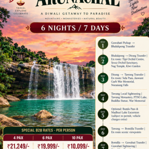 Here is the clean, formatted, and ready-to-share version of your Arunachal Pradesh Diwali Tour Package:🪔 Arunachal Pradesh: A Diwali Getaway to ParadiseMountains • Monasteries • Natural Beauty (6 Nights & 7 Days)Route: Guwahati → Bhalukpong → Dirang → Tawang → Bomdila → GuwahatiPickup & Drop: Guwahati Airport / Railway StationTheme: Celebrate Diwali amidst snow-capped peaks, alpine lakes, peaceful Buddhist monasteries, and roaring waterfalls in the mystical Land of Dawn-Lit Mountains!💰 Special Festive Pricing (Per Person Basis)Group SizePackage Cost Per PersonVehicle / Travel Setup04 Pax₹21,249/-Private vehicle for all transfers & sightseeing06 Pax₹19,999/-Private vehicle for all transfers & sightseeing10 Pax₹10,099/-Group Tempo Traveller for the entire tour🔥 Limited Period Festive Offer — Advance booking recommended due to seasonal permits and high festival rush.🗺️ Day-Wise Tour ItineraryDay 1: Guwahati Pickup ➔ Transfer to BhalukpongWarm welcome upon arrival at Guwahati Airport / Railway Station.Scenic road drive through Assam plains and foothills up to Bhalukpong, the gateway to western Arunachal Pradesh.Check into hotel/resort and unwind.Overnight Stay: BhalukpongDay 2: Bhalukpong ➔ Dirang Valley (via Orchids & Valleys)Breakfast at hotel and check out.En-route Sightseeing: Visit the famous Tipi Orchid Centre, Sessa Orchid Sanctuary, Nag Temple, and lush local Kiwi Gardens.Arrive in the scenic Dirang Valley; check in and relax.Overnight Stay: DirangDay 3: Dirang ➔ Tawang (via Sela Pass & Nuranang Falls)Early breakfast and start the scenic high-altitude mountain drive towards Tawang.En-route Highlights:Cross the iconic Sela Pass (13,700 ft) and witness Sela Lake.Pay tribute at the historic Jaswant Garh War Memorial.Experience the roaring cascade of Nuranang Falls (Jang Falls).Reach Tawang, check into hotel, and rest.Overnight Stay: TawangDay 4: Tawang Local SightseeingBreakfast at the hotel.Visit the world-renowned Tawang Monastery (Galden Namgey Lhatse – 400+ years old).Explore the serene PTSO Lake (Pankang Teng Tso), the giant hilltop Buddha Statue, and the solemn Tawang War Memorial.Evening free to explore local Tibetan markets and handicraft shops.Overnight Stay: TawangDay 5: Excursion to Bumla Pass & Madhuri Lake (Optional)Early breakfast.Day excursion to the Indo-China Border at Bumla Pass and the picture-perfect Sangetsar Lake (Madhuri Lake).(Note: Subject to army/DC permits; local union vehicle charges are payable directly on spot).Return to Tawang by evening.Overnight Stay: TawangDay 6: Tawang ➔ Bomdila TransferBreakfast at the hotel, check out, and drive towards Bomdila.Enjoy panoramic scenic viewpoints, valley stops, and mountain passes along the way.Arrive in Bomdila, check into hotel, and visit Bomdila Monastery/market if time permits.Overnight Stay: BomdilaDay 7: Bomdila ➔ Guwahati Sightseeing & Airport DropBreakfast, check out, and scenic downhill drive back to Guwahati.Guwahati Sightseeing: Darshan at the revered Maa Kamakhya Temple and visit to Umananda Temple (Peacock Island).Evening transfer and drop-off at Guwahati Airport / Railway Station for your return journey.📋 Inclusions & Exclusions✅ Package Inclusions❌ Standard Exclusions• 06 Nights accommodation across all destinations• Airfare / Train tickets to and from Guwahati• Daily breakfast at hotels• Bumla Pass & Madhuri Lake local union vehicle & permit fees• Complete transfers & daily sightseeing as per itinerary• Arunachal Pradesh Inner Line Permit (ILP) government fees• Pick-up and drop-off from Guwahati Airport / Station• Lunches, dinners, heater charges, and personal tips• All toll taxes, fuel, parking, and driver allowances• Entry tickets to monuments, sanctuaries, and boat rides