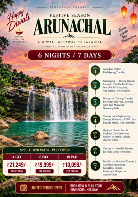 Here is the clean, formatted, and ready-to-share version of your Arunachal Pradesh Diwali Tour Package:🪔 Arunachal Pradesh: A Diwali Getaway to ParadiseMountains • Monasteries • Natural Beauty (6 Nights & 7 Days)Route: Guwahati → Bhalukpong → Dirang → Tawang → Bomdila → GuwahatiPickup & Drop: Guwahati Airport / Railway StationTheme: Celebrate Diwali amidst snow-capped peaks, alpine lakes, peaceful Buddhist monasteries, and roaring waterfalls in the mystical Land of Dawn-Lit Mountains!💰 Special Festive Pricing (Per Person Basis)Group SizePackage Cost Per PersonVehicle / Travel Setup04 Pax₹21,249/-Private vehicle for all transfers & sightseeing06 Pax₹19,999/-Private vehicle for all transfers & sightseeing10 Pax₹10,099/-Group Tempo Traveller for the entire tour🔥 Limited Period Festive Offer — Advance booking recommended due to seasonal permits and high festival rush.🗺️ Day-Wise Tour ItineraryDay 1: Guwahati Pickup ➔ Transfer to BhalukpongWarm welcome upon arrival at Guwahati Airport / Railway Station.Scenic road drive through Assam plains and foothills up to Bhalukpong, the gateway to western Arunachal Pradesh.Check into hotel/resort and unwind.Overnight Stay: BhalukpongDay 2: Bhalukpong ➔ Dirang Valley (via Orchids & Valleys)Breakfast at hotel and check out.En-route Sightseeing: Visit the famous Tipi Orchid Centre, Sessa Orchid Sanctuary, Nag Temple, and lush local Kiwi Gardens.Arrive in the scenic Dirang Valley; check in and relax.Overnight Stay: DirangDay 3: Dirang ➔ Tawang (via Sela Pass & Nuranang Falls)Early breakfast and start the scenic high-altitude mountain drive towards Tawang.En-route Highlights:Cross the iconic Sela Pass (13,700 ft) and witness Sela Lake.Pay tribute at the historic Jaswant Garh War Memorial.Experience the roaring cascade of Nuranang Falls (Jang Falls).Reach Tawang, check into hotel, and rest.Overnight Stay: TawangDay 4: Tawang Local SightseeingBreakfast at the hotel.Visit the world-renowned Tawang Monastery (Galden Namgey Lhatse – 400+ years old).Explore the serene PTSO Lake (Pankang Teng Tso), the giant hilltop Buddha Statue, and the solemn Tawang War Memorial.Evening free to explore local Tibetan markets and handicraft shops.Overnight Stay: TawangDay 5: Excursion to Bumla Pass & Madhuri Lake (Optional)Early breakfast.Day excursion to the Indo-China Border at Bumla Pass and the picture-perfect Sangetsar Lake (Madhuri Lake).(Note: Subject to army/DC permits; local union vehicle charges are payable directly on spot).Return to Tawang by evening.Overnight Stay: TawangDay 6: Tawang ➔ Bomdila TransferBreakfast at the hotel, check out, and drive towards Bomdila.Enjoy panoramic scenic viewpoints, valley stops, and mountain passes along the way.Arrive in Bomdila, check into hotel, and visit Bomdila Monastery/market if time permits.Overnight Stay: BomdilaDay 7: Bomdila ➔ Guwahati Sightseeing & Airport DropBreakfast, check out, and scenic downhill drive back to Guwahati.Guwahati Sightseeing: Darshan at the revered Maa Kamakhya Temple and visit to Umananda Temple (Peacock Island).Evening transfer and drop-off at Guwahati Airport / Railway Station for your return journey.📋 Inclusions & Exclusions✅ Package Inclusions❌ Standard Exclusions• 06 Nights accommodation across all destinations• Airfare / Train tickets to and from Guwahati• Daily breakfast at hotels• Bumla Pass & Madhuri Lake local union vehicle & permit fees• Complete transfers & daily sightseeing as per itinerary• Arunachal Pradesh Inner Line Permit (ILP) government fees• Pick-up and drop-off from Guwahati Airport / Station• Lunches, dinners, heater charges, and personal tips• All toll taxes, fuel, parking, and driver allowances• Entry tickets to monuments, sanctuaries, and boat rides