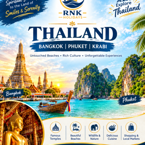 Thailand Highlights: Bangkok & Pattaya GetawayBeaches • Coral Islands • Golden Temples • City Shopping (4 Nights & 5 Days)Route: 2 Nights Pattaya + 2 Nights Bangkok | Ex-Mumbai (Return Flights Included)Experience the sun-kissed beaches of Coral Island, high-speed boat rides, world-famous golden Buddha temples, and unmatched street-to-mall shopping across Bangkok and Pattaya.🌟 Package Overview & PricingStarting Price: ₹39,999/- Per PersonDuration: 4 Nights & 5 Days (2N Pattaya + 2N Bangkok)Departure City: Mumbai (BOM)Accommodation: 3-Star Hotels (Double Sharing)Meal Plan: Daily Breakfast IncludedFlights: Return Economy Airfare (Mumbai – Thailand – Mumbai) Included🗺️ Day-Wise Tour ItineraryDay 1: Mumbai ➔ Bangkok ➔ Pattaya ArrivalBoard your flight from Mumbai and arrive at Bangkok International Airport (BKK / DMK).Meet and greet by our local representative followed by transfer to the coastal city of Pattaya.Check into your hotel and take time to relax and refresh.Evening free at leisure to explore Pattaya Beach Road, walking streets, or night bazaars.Comfortable overnight stay in Pattaya.Day 2: Coral Island Tour by Speedboat & Water SportsFuel up with breakfast at the hotel.Board a high-speed speedboat to the scenic Coral Island (Koh Larn).Spend time relaxing along white sandy beaches or indulge in optional water sports (parasailing, undersea walking, jet ski, banana boat ride).Return to Pattaya by afternoon.Evening free at leisure for cabaret shows (Alcazar/Tiffany) or seaside cafes.Overnight stay in Pattaya.Day 3: Pattaya ➔ Bangkok City Transfer & Temple TourBreakfast at the hotel followed by check-out.Scenic transfer back to the bustling capital city of Bangkok.Embark on a guided Bangkok City Sightseeing Tour:Visit the historic Wat Traimit (Temple of the Golden Buddha) housing a pure gold Buddha statue.Drive through Chinatown, government avenues, and flower markets.Check into your Bangkok hotel and spend the evening indulging in retail therapy at famous local malls.Overnight stay in Bangkok.Day 4: Bangkok Sightseeing, Chao Phraya & Shopping ExtravaganzaBreakfast at the hotel.Explore Bangkok's riverside heritage around Wat Arun (Temple of Dawn) and the scenic Chao Phraya River area.Afternoon dedicated to world-class shopping at MBK Center, Platinum Fashion Mall, or CentralWorld.Evening at Leisure / Optional: Enjoy a luxury Chao Phraya Princess Dinner Cruise with live music and an international buffet (direct payment).Overnight stay in Bangkok.Day 5: Bangkok ➔ Mumbai — DepartureEnjoy a relaxed breakfast at the hotel and complete check-out formalities.Timely transfer to Bangkok Airport for your scheduled return flight to Mumbai.Return home with unforgettable memories of the Land of Smiles!📋 Inclusions & Exclusions✅ Package Inclusions❌ Standard Exclusions• Return economy airfare (Mumbai – Thailand – Mumbai)• Lunches and dinners (unless specified)• 2 Nights stay in Pattaya (3-Star Hotel)• Thailand visa fees / fast-track processing (if applicable)• 2 Nights stay in Bangkok (3-Star Hotel)• Water sports activities on Coral Island• Daily delicious breakfast at hotels• Optional tours (Alcazar Show, Chao Phraya Dinner Cruise)• Airport transfers (Pickup & Drop)• National park entry fees or monument camera tickets• Inter-city transfer (Pattaya to Bangkok)• Personal expenses, excess baggage fees, and tipping• Speedboat Coral Island Tour• Travel insurance• Half-day Bangkok City & Temple Sightseeing• English-speaking guide / local assistance• Visa / entry & basic travel assistance📞 Contact & Reservation DetailsTour Operator: RNK HOLIDAYS (Your Journey, Our Commitment)Call / WhatsApp: +91 9833069286 / +91 9769490411Email: info.rnkholidays@gmail.comOffice Address: Shop No. 3, Sindhu Garden, Y K Nagar, Ganpati Mandir Road, Virar (West) – 401209, Maharashtra