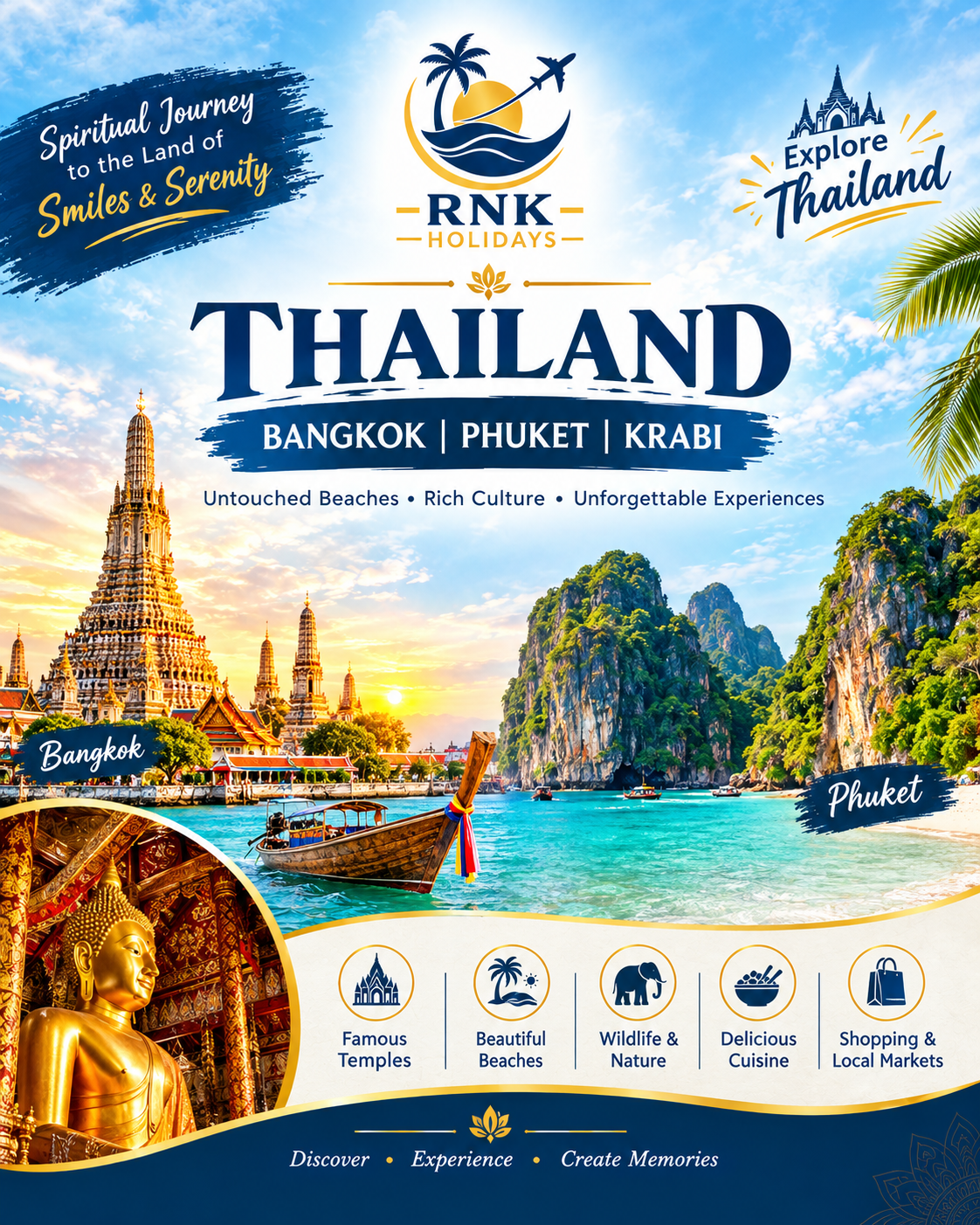 Thailand Highlights: Bangkok & Pattaya GetawayBeaches • Coral Islands • Golden Temples • City Shopping (4 Nights & 5 Days)Route: 2 Nights Pattaya + 2 Nights Bangkok | Ex-Mumbai (Return Flights Included)Experience the sun-kissed beaches of Coral Island, high-speed boat rides, world-famous golden Buddha temples, and unmatched street-to-mall shopping across Bangkok and Pattaya.🌟 Package Overview & PricingStarting Price: ₹39,999/- Per PersonDuration: 4 Nights & 5 Days (2N Pattaya + 2N Bangkok)Departure City: Mumbai (BOM)Accommodation: 3-Star Hotels (Double Sharing)Meal Plan: Daily Breakfast IncludedFlights: Return Economy Airfare (Mumbai – Thailand – Mumbai) Included🗺️ Day-Wise Tour ItineraryDay 1: Mumbai ➔ Bangkok ➔ Pattaya ArrivalBoard your flight from Mumbai and arrive at Bangkok International Airport (BKK / DMK).Meet and greet by our local representative followed by transfer to the coastal city of Pattaya.Check into your hotel and take time to relax and refresh.Evening free at leisure to explore Pattaya Beach Road, walking streets, or night bazaars.Comfortable overnight stay in Pattaya.Day 2: Coral Island Tour by Speedboat & Water SportsFuel up with breakfast at the hotel.Board a high-speed speedboat to the scenic Coral Island (Koh Larn).Spend time relaxing along white sandy beaches or indulge in optional water sports (parasailing, undersea walking, jet ski, banana boat ride).Return to Pattaya by afternoon.Evening free at leisure for cabaret shows (Alcazar/Tiffany) or seaside cafes.Overnight stay in Pattaya.Day 3: Pattaya ➔ Bangkok City Transfer & Temple TourBreakfast at the hotel followed by check-out.Scenic transfer back to the bustling capital city of Bangkok.Embark on a guided Bangkok City Sightseeing Tour:Visit the historic Wat Traimit (Temple of the Golden Buddha) housing a pure gold Buddha statue.Drive through Chinatown, government avenues, and flower markets.Check into your Bangkok hotel and spend the evening indulging in retail therapy at famous local malls.Overnight stay in Bangkok.Day 4: Bangkok Sightseeing, Chao Phraya & Shopping ExtravaganzaBreakfast at the hotel.Explore Bangkok's riverside heritage around Wat Arun (Temple of Dawn) and the scenic Chao Phraya River area.Afternoon dedicated to world-class shopping at MBK Center, Platinum Fashion Mall, or CentralWorld.Evening at Leisure / Optional: Enjoy a luxury Chao Phraya Princess Dinner Cruise with live music and an international buffet (direct payment).Overnight stay in Bangkok.Day 5: Bangkok ➔ Mumbai — DepartureEnjoy a relaxed breakfast at the hotel and complete check-out formalities.Timely transfer to Bangkok Airport for your scheduled return flight to Mumbai.Return home with unforgettable memories of the Land of Smiles!📋 Inclusions & Exclusions✅ Package Inclusions❌ Standard Exclusions• Return economy airfare (Mumbai – Thailand – Mumbai)• Lunches and dinners (unless specified)• 2 Nights stay in Pattaya (3-Star Hotel)• Thailand visa fees / fast-track processing (if applicable)• 2 Nights stay in Bangkok (3-Star Hotel)• Water sports activities on Coral Island• Daily delicious breakfast at hotels• Optional tours (Alcazar Show, Chao Phraya Dinner Cruise)• Airport transfers (Pickup & Drop)• National park entry fees or monument camera tickets• Inter-city transfer (Pattaya to Bangkok)• Personal expenses, excess baggage fees, and tipping• Speedboat Coral Island Tour• Travel insurance• Half-day Bangkok City & Temple Sightseeing• English-speaking guide / local assistance• Visa / entry & basic travel assistance📞 Contact & Reservation DetailsTour Operator: RNK HOLIDAYS (Your Journey, Our Commitment)Call / WhatsApp: +91 9833069286 / +91 9769490411Email: info.rnkholidays@gmail.comOffice Address: Shop No. 3, Sindhu Garden, Y K Nagar, Ganpati Mandir Road, Virar (West) – 401209, Maharashtra
