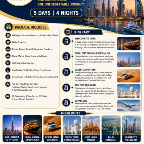 Dubai & Abu Dhabi EscapeTwo Iconic Cities, One Unforgettable Journey (5 Days / 4 Nights) Highlights: Burj Khalifa (124th Floor) • Dubai Marina Dhow Cruise • Desert Safari Adventure • Sheikh Zayed Grand Mosque • BAPS Hindu Mandir • Palm Jumeirah • Dubai City Highlights 🌟 Package Overview & PricingStarting Price: ₹35,000/- Per Person (Based on Double Occupancy) Duration: 5 Days / 4 Nights Accommodation: 4 Nights Stay in a Comfortable 3-Star Hotel Meal Plan: Daily Breakfast + 2 Dinners (Dhow Cruise & Desert Safari BBQ) Transfers: Private Airport Transfers + Sightseeing Transfers on SIC Basis 🗺️ Day-Wise ItineraryDay 1: Welcome to Dubai — Marina Dhow Cruise with Dinner Arrive in Dubai and enjoy a smooth private transfer from the airport to your hotel. Check in and relax. In the evening, head out for the Dubai Marina Dhow Cruise featuring a buffet dinner, scenic illuminated skyline views, and live entertainment. Overnight stay in Dubai. Day 2: Dubai City Tour & Burj Khalifa (124th Floor) Enjoy breakfast at the hotel. Set out on a Half-Day Dubai City Tour covering iconic landmarks and photo stops (including Palm Jumeirah views). Visit the world-famous Burj Khalifa and ascend to the 124th Floor Observation Deck (non-prime hours) for panoramic views of the Dubai skyline. Overnight stay in Dubai. Day 3: Leisure Morning & Desert Safari Adventure Breakfast at the hotel. Morning at leisure for shopping, relaxation, or cafe visits. In the afternoon, head into the golden dunes for an action-packed Desert Safari:Thrilling 4x4 dune bashing Sunset photo stopsDelicious BBQ dinner Live entertainment including Belly Dance, Tanoura dance, and Fire Show Return to the hotel for an overnight stay. Day 4: Full-Day Abu Dhabi City Tour Breakfast at the hotel. Embark on a full-day excursion to the capital city of Abu Dhabi: Visit the majestic Sheikh Zayed Grand Mosque Visit the historic and peaceful BAPS Hindu Mandir Sightseeing across Abu Dhabi’s key city highlights Return to Dubai for an overnight stay. Day 5: Departure from Dubai Enjoy breakfast at the hotel and complete check-out formalities. Board your private transfer to Dubai International Airport for your flight back home. 📋 Inclusions & Exclusions✅ Package Inclusions JPEG❌ Standard Exclusions• 04 Nights accommodation in a comfortable 3-star hotel • International return airfare (flights)• Daily breakfast at the hotel • UAE Tourist Visa & OTB charges• Private airport arrival & departure transfers • Tourism Dirham fee (payable directly at hotel check-in)• Dubai Marina Dhow Cruise with dinner & live shows • Daily lunches and personal drinks• Half-day Dubai city sightseeing tour • Optional activities (Quad biking, Burj Khalifa prime slots)• Burj Khalifa 124th Floor entry ticket (Non-prime hours) • Driver/guide tips and personal shopping expenses• Desert Safari with dune bashing, BBQ dinner & shows • Anything not specifically mentioned in inclusions • Full-day Abu Dhabi tour (Sheikh Zayed Mosque & BAPS Mandir) • All tour transfers on SIC basis (except private airport transfers) 📞 Contact & Booking DetailsTour Operator: RNK Holidays (Travel More. Worry Less.) Call / WhatsApp: +91 9833069286 / +91 9769490411 Email: info.rnkholidays@gmail.com Office Address: Shop No. 3, Sindhu Garden, Y K Nagar, Ganpati Mandir Road, Virar (West) – 401209, Maharashtra