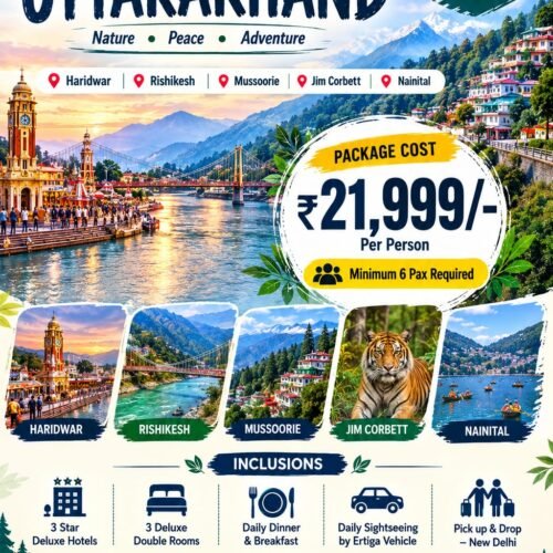 🏔️ Explore the Land of Gods: Uttarakhand TourNature • Peace • Adventure (7 Nights & 8 Days) Destinations Covered: Haridwar • Rishikesh • Mussoorie • Jim Corbett • Nainital 🌟 Package Overview & PricingPackage Cost: ₹21,999/- Per Person Group Requirement: Minimum 6 Pax Required Duration: 7 Nights & 8 Days Pickup & Drop: New Delhi Transport: Daily Sightseeing & Transfers by private Ertiga Vehicle Accommodation: 3-Star Deluxe Hotels (3 Deluxe Double Rooms) Meal Plan: Daily Breakfast & Dinner Rate Validity: Valid till 31st March 2027 (Except blackout dates) 🗺️ Destination HighlightsHaridwar: Spiritual riverbanks, holy ghats, and the world-famous evening Ganga Aarti. Rishikesh: Yoga capital of the world, serene river views, iconic suspension bridges (Ram & Laxman Jhula), and adventure sports. Mussoorie: The "Queen of Hills" featuring misty mountain views, waterfalls, and Mall Road. Jim Corbett: India’s premier national park known for rich wildlife, deep forests, and Bengal tigers. Nainital: The picturesque lake city famous for boating on Naini Lake, cool weather, and viewpoint vistas. 📋 Inclusions & Exclusions✅ Package Inclusions JPEG❌ Package Exclusions (Typical)• Stay in 3-Star Deluxe Hotels (3 Deluxe Double Rooms) • Daily lunches and mid-day snacks/drinks• Daily Breakfast & Dinner • Jim Corbett Jungle Safari permit & jeep charges• Daily sightseeing & transfers by private Ertiga vehicle • Entry tickets, boating, ropeway, or adventure fees• Complete Pick up & Drop from New Delhi • Driver tips, laundry, and personal shopping expenses• Fuel charges, toll taxes, and parking charges• Anything not specifically mentioned in inclusions📞 Booking & Contact InformationTour Operator: RNK Holidays (Your Journey, Our Commitment) Call / WhatsApp: +91 9833069286 / +91 9769490411 Email: info.rnkholidays@gmail.com Office Address: Shop No. 3, Sindhu Garden, Y K Nagar, Ganpati Mandir Road, Virar (West) – 401209, Maharashtra