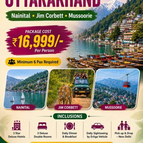 Here is the complete, client-ready breakdown for this 5 Nights & 6 Days tour package: 🏔️ Discover the Magic of Uttarakhand Tour5 Nights & 6 Days of Scenic Lakes, Wildlife & Misty Hills Destinations Covered: Nainital • Jim Corbett • Mussoorie 🌟 Package Overview & PricingPackage Cost: ₹16,999/- Per Person Group Requirement: Minimum 6 Pax Required Duration: 5 Nights & 6 Days Pickup & Drop: New Delhi Transport: Daily Sightseeing & Transfers by private Ertiga Vehicle Accommodation: 3-Star Deluxe Hotels (3 Deluxe Double Rooms) Meal Plan: Daily Breakfast & Dinner Rate Validity: Valid till 31st March 2027 (Except blackout dates) 🗺️ Day-Wise Suggested Itinerary (5N / 6D)Day 1: Delhi to Nainital — Arrival & Lake ViewsMorning pickup from New Delhi (Airport / Railway Station / Home) in your private Ertiga. Scenic hill drive to Nainital and check into your 3-star deluxe hotel. Evening free to relax, take a walk along Mall Road, or enjoy boating on Naini Lake.Dinner and comfortable overnight stay in Nainital. Day 2: Nainital Full-Day Local SightseeingDelicious breakfast at the hotel. Visit local attractions: Naina Devi Temple, Snow View Point, Cave Garden, and scenic viewpoints around the lakes.Leisure time for photography and local market shopping.Dinner and overnight stay in Nainital. Day 3: Nainital to Jim Corbett (Corbett National Park)Breakfast at the hotel and check-out. Scenic drive down to the wilderness of Jim Corbett National Park.Check into the jungle resort/hotel and unwind amid nature.Evening at leisure followed by dinner and overnight stay in Jim Corbett. Day 4: Jim Corbett to Mussoorie (Queen of Hills)Optional early morning Jungle Jeep Safari into the Tiger Reserve.Return for breakfast, freshen up, and check out. Scenic mountain drive ascending up to Mussoorie.Check into your hotel, dinner, and overnight stay in Mussoorie. Day 5: Mussoorie Sightseeing & Mall RoadBreakfast with panoramic Himalayan valley views. Visit the cascading Kempty Falls, viewpoints, and enjoy an evening stroll on Mall Road for cafes and shopping.Dinner and crisp mountain overnight stay in Mussoorie. Day 6: Mussoorie to New Delhi — DepartureBreakfast at the hotel and check-out. Final photo stops along the hills before heading back toward the plains.Evening drop-off at your designated location in New Delhi. 📋 Inclusions & Exclusions✅ Package Inclusions JPEG❌ Package Exclusions (Standard)• Stay in 3-Star Deluxe Hotels (3 Deluxe Double Rooms) • Daily lunches and mid-day snacks/drinks• Daily Breakfast & Dinner at hotels • Jim Corbett Jeep Safari permits & safari gypsy charges• Daily sightseeing & transfers by private Ertiga vehicle • Entry tickets to monuments, ropeway rides, and boating• Complete Pick up & Drop from New Delhi • Driver tips, personal laundry, and shopping expenses• Fuel charges, toll taxes, state tax, and parking charges• Anything not explicitly mentioned under inclusions 📞 Booking & Contact InformationTour Operator: RNK Holidays (Your Journey, Our Commitment) Call / WhatsApp: +91 9833069286 / +91 9769490411 Email: info.rnkholidays@gmail.com Office Address: Shop No. 3, Sindhu Garden, Y K Nagar, Ganpati Mandir Road, Virar (West) – 401209, Maharashtra