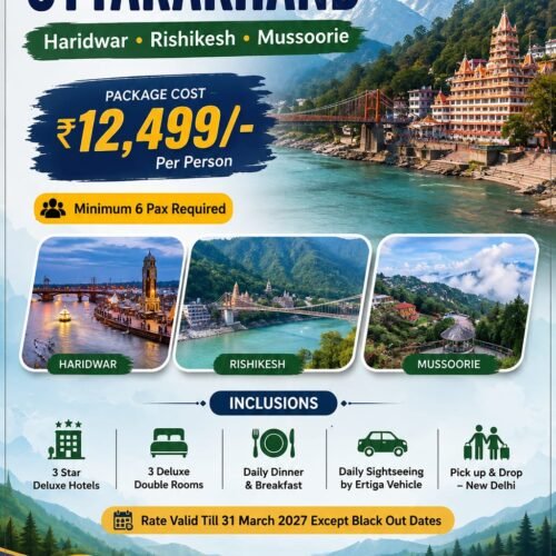 Here is the complete, client-ready tour overview and day-wise itinerary for this 4 Nights & 5 Days package:🏔️ Discover the Divine Uttarakhand Tour4 Nights & 5 Days of Sacred River Ghats, Ashrams & Hill Escapes Destinations Covered: Haridwar • Rishikesh • Mussoorie 🌟 Package Overview & PricingPackage Cost: ₹12,499/- Per Person Group Requirement: Minimum 6 Pax Required Duration: 4 Nights & 5 Days Pickup & Drop: New Delhi Transport: Daily Sightseeing & Transfers by private Ertiga Vehicle Accommodation: 3-Star Deluxe Hotels (3 Deluxe Double Rooms) Meal Plan: Daily Breakfast & Dinner Rate Validity: Valid till 31st March 2027 (Except blackout dates) 🗺️ Day-Wise Suggested Itinerary (4N / 5D)Day 1: Delhi to Haridwar — Arrival & Ganga AartiMorning pickup from New Delhi (Airport / Railway Station / Home) in your private Ertiga. Drive to Haridwar and complete hotel check-in. Evening visit to the iconic Har Ki Pauri ghat to witness the world-famous Ganga Aarti.Dinner and comfortable overnight stay at Haridwar. Day 2: Haridwar to Rishikesh — Temples, Bridges & RiverfrontBreakfast at the hotel. Full day in Rishikesh exploring Ram Jhula, Laxman Jhula area, historic ashrams, and holy riverbanks. Free time for riverside café visits or optional white-water rafting on the Ganga.Return to Haridwar in the evening for dinner and overnight stay. Day 3: Haridwar to Mussoorie (Queen of Hills)Breakfast at the hotel, followed by a scenic mountain drive ascending to Mussoorie. Check into your 3-star deluxe hotel and take time to refresh. Evening stroll along the lively Mall Road, exploring local bakeries, markets, and valley views.Dinner and crisp mountain overnight stay in Mussoorie. Day 4: Mussoorie Full-Day SightseeingBreakfast with panoramic views of the Garhwal Himalayas. Visit local attractions including the cascading Kempty Falls, Gun Hill viewpoint / ropeway area, and Company Garden.Sunset photo stops overlooking the Doon Valley.Dinner and overnight stay in Mussoorie. Day 5: Mussoorie to New Delhi — DepartureRelaxed breakfast at the hotel and check-out. Scenic downhill drive toward the plains.Evening drop-off at your designated location in New Delhi. 📋 Inclusions & Exclusions✅ Package Inclusions JPEG❌ Package Exclusions (Standard)• 4 Nights stay in 3-Star Deluxe Hotels (3 Deluxe Double Rooms) • Daily lunches and en-route beverages/snacks• Daily Breakfast & Dinner at hotels • River rafting, ropeway rides, or adventure fees• Daily sightseeing & transfers by private Ertiga vehicle • Entry permits, monument fees, and camera tickets• Complete Pick up & Drop from New Delhi • Driver tips, laundry, and personal shopping• Fuel charges, toll taxes, state road taxes, and parking• Anything not explicitly listed under inclusions 📞 Booking & Contact InformationTour Operator: RNK Holidays (Your Journey, Our Commitment) Call / WhatsApp: +91 9833069286 / +91 9769490411 Email: info.rnkholidays@gmail.com Office Address: Shop No. 3, Sindhu Garden, Y K Nagar, Ganpati Mandir Road, Virar (West) – 401209, Maharashtra